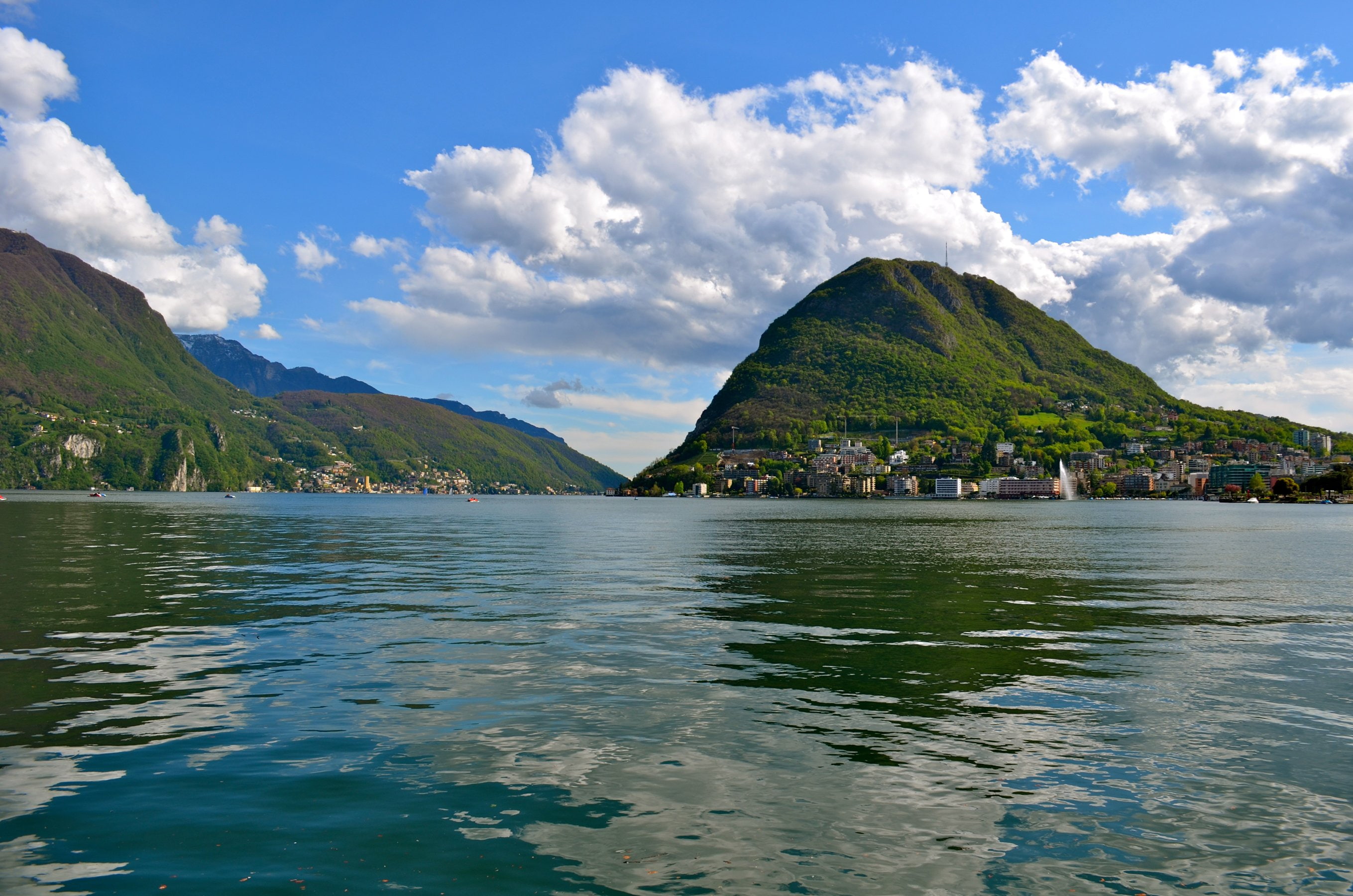 switzerland, 2K, scenery, lugano, houses, mountains, clouds, nature, lake, HD Wallpaper