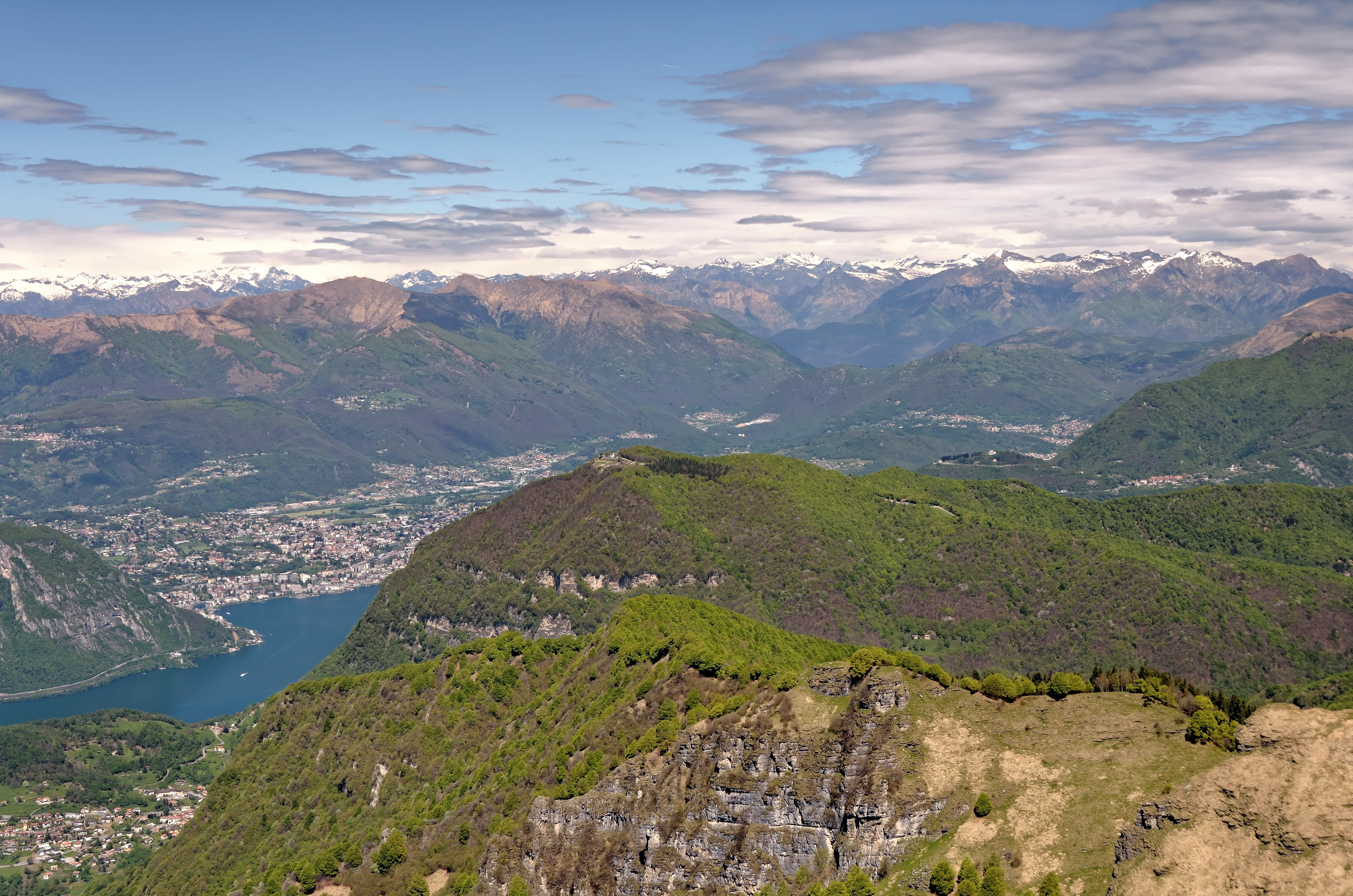 scenics - nature, tranquil scene, day, panorama, mountain range, alpine, no people, travel, lugano, formation, lago di lugano, nature, ticino, lake lugano, HD Wallpaper