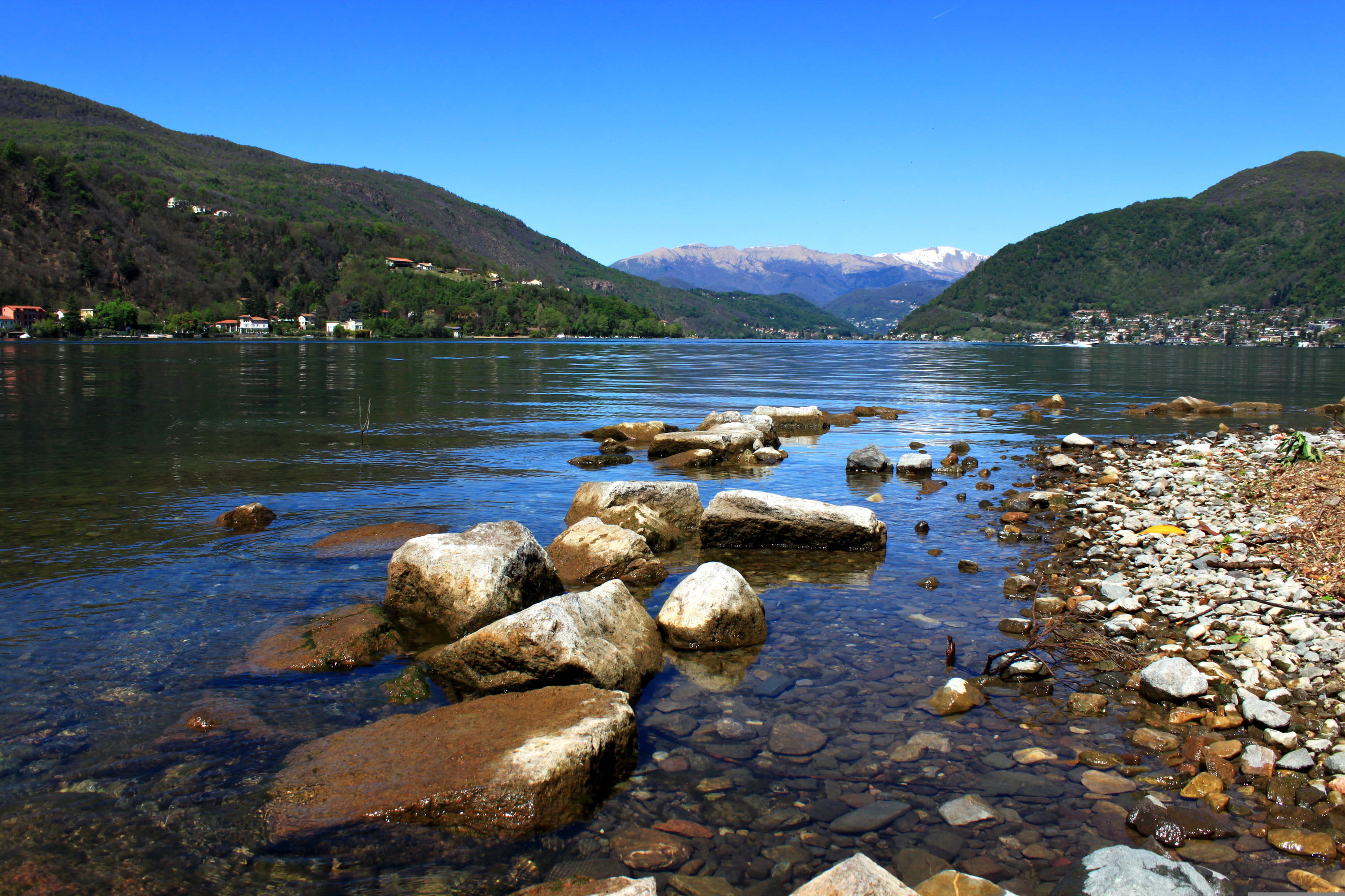 tranquil scene, outdoors, clear sky, Switzerland, stone, mountains, sky, solid, Lugano, stone - object, rock - object, lake, mountain, nature, no people, HD Wallpaper