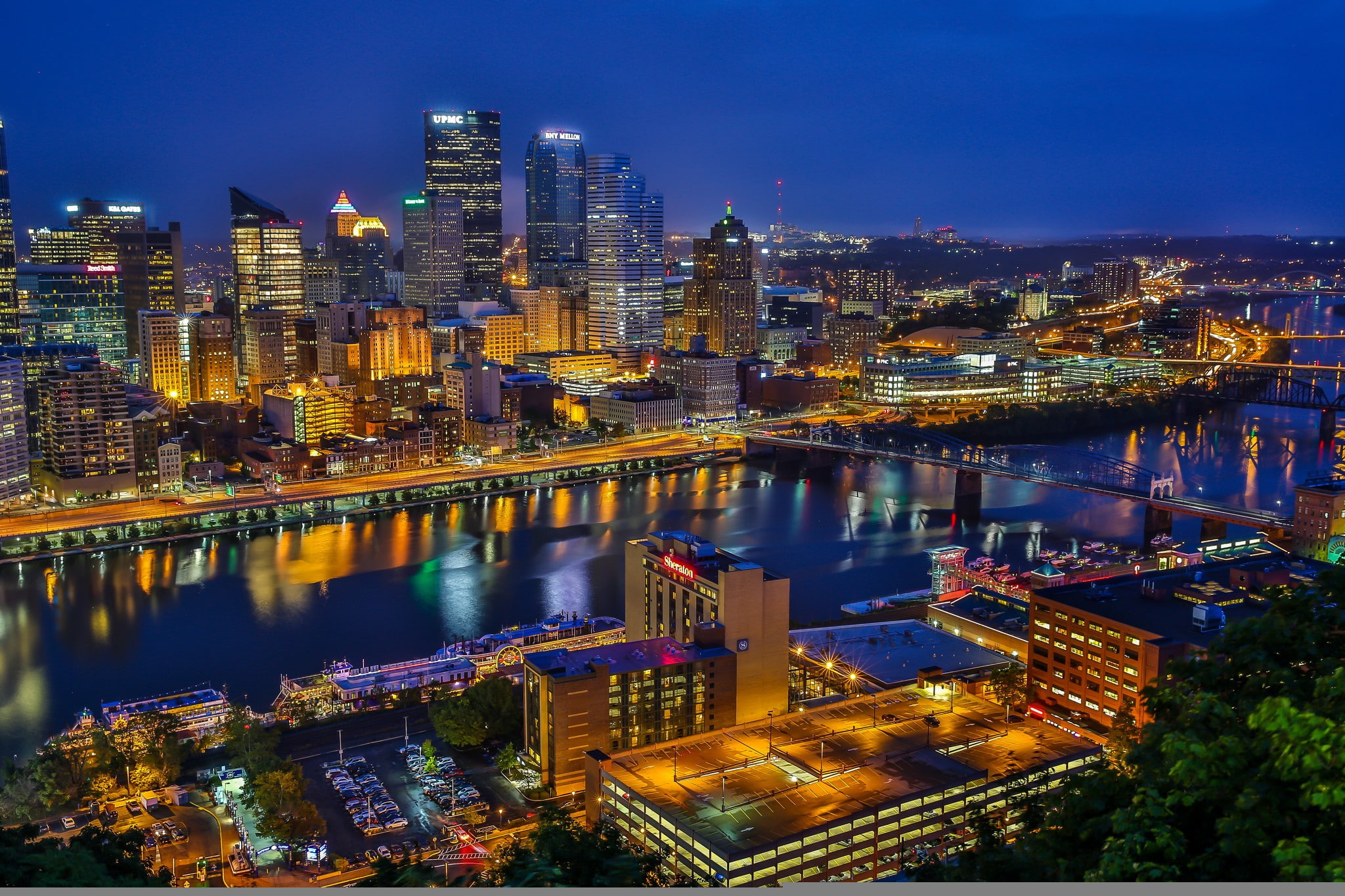 Pittsburgh, Pennsylvania, night city, skyscrapers, buildings, Golden Triangle, river, Monongahela River, bridge, monongahela, 1080P, HD Wallpaper