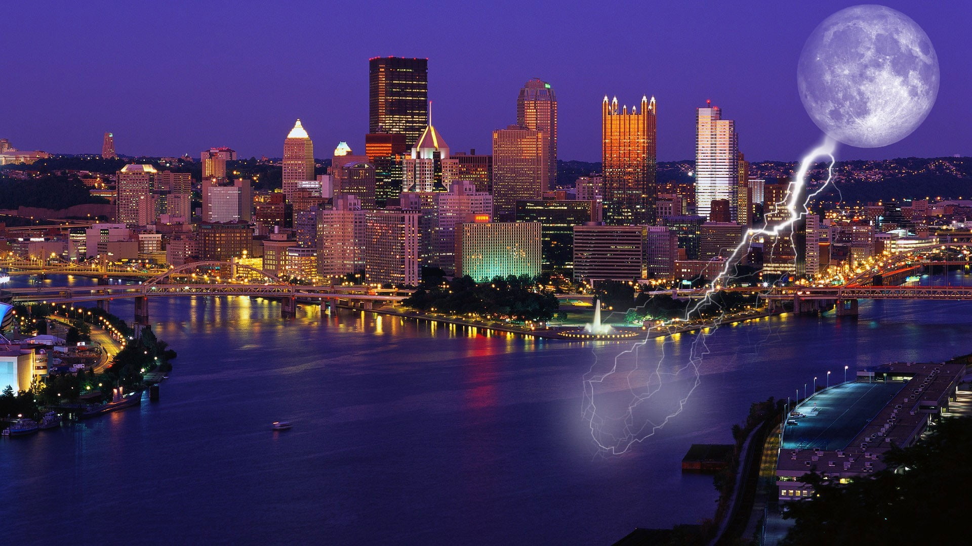 cityscape, landscape, building, financial district, bay, buildings, Moon, skyscraper, lightning, city, urban skyline, city life, water, no people, full moon, HD Wallpaper