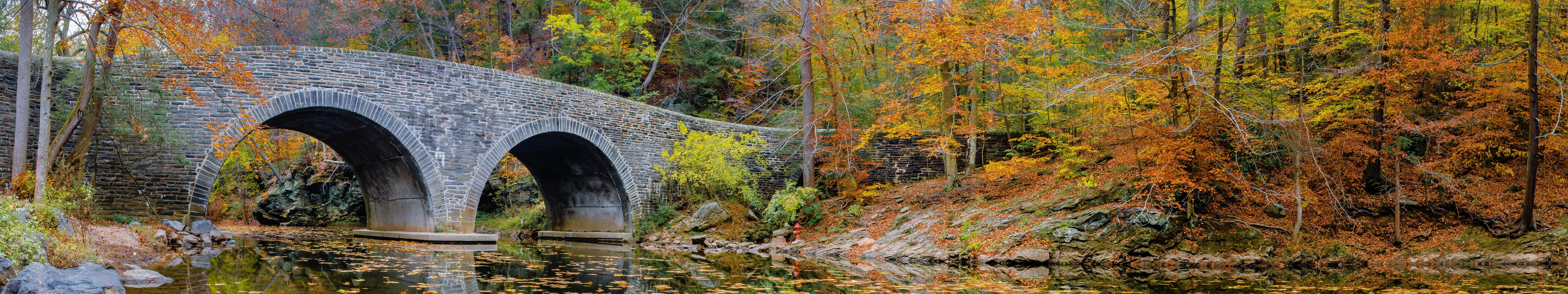 trees, 5K, leaves, bridge, seasons, fall, panorama, Philadelphia, landscape, water, Pennsylvania, nature, stream, HD Wallpaper