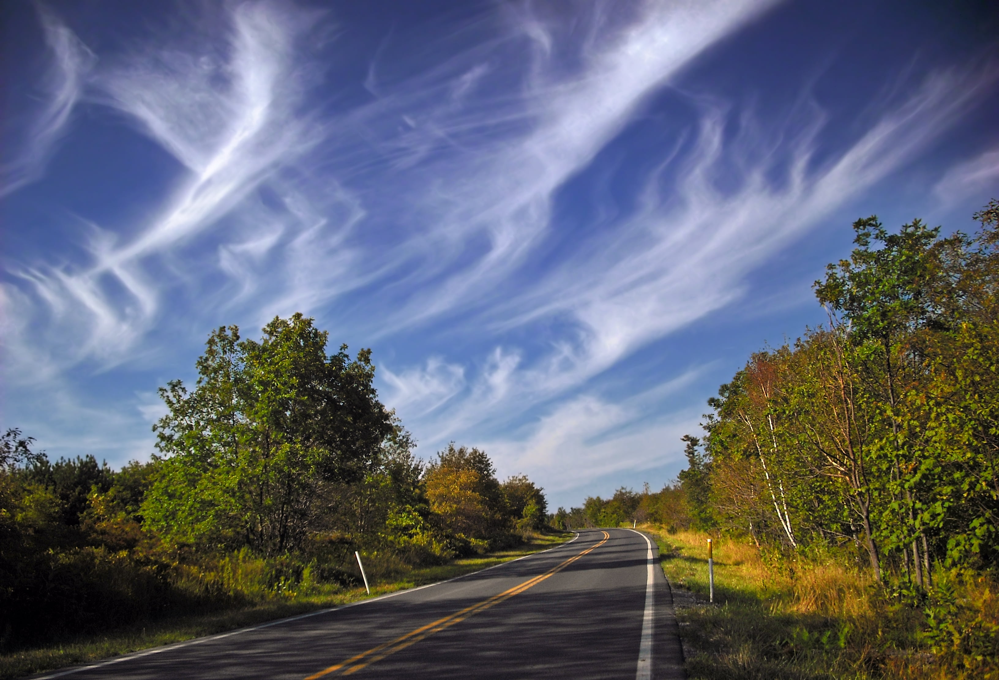 clouds, forest, asphalt, outdoors, gray, highway, rural Scene, concrete, Wilds, Noyes Township, concrete road, travel, autumn, daytime, cirrus, PA-144, HD Wallpaper