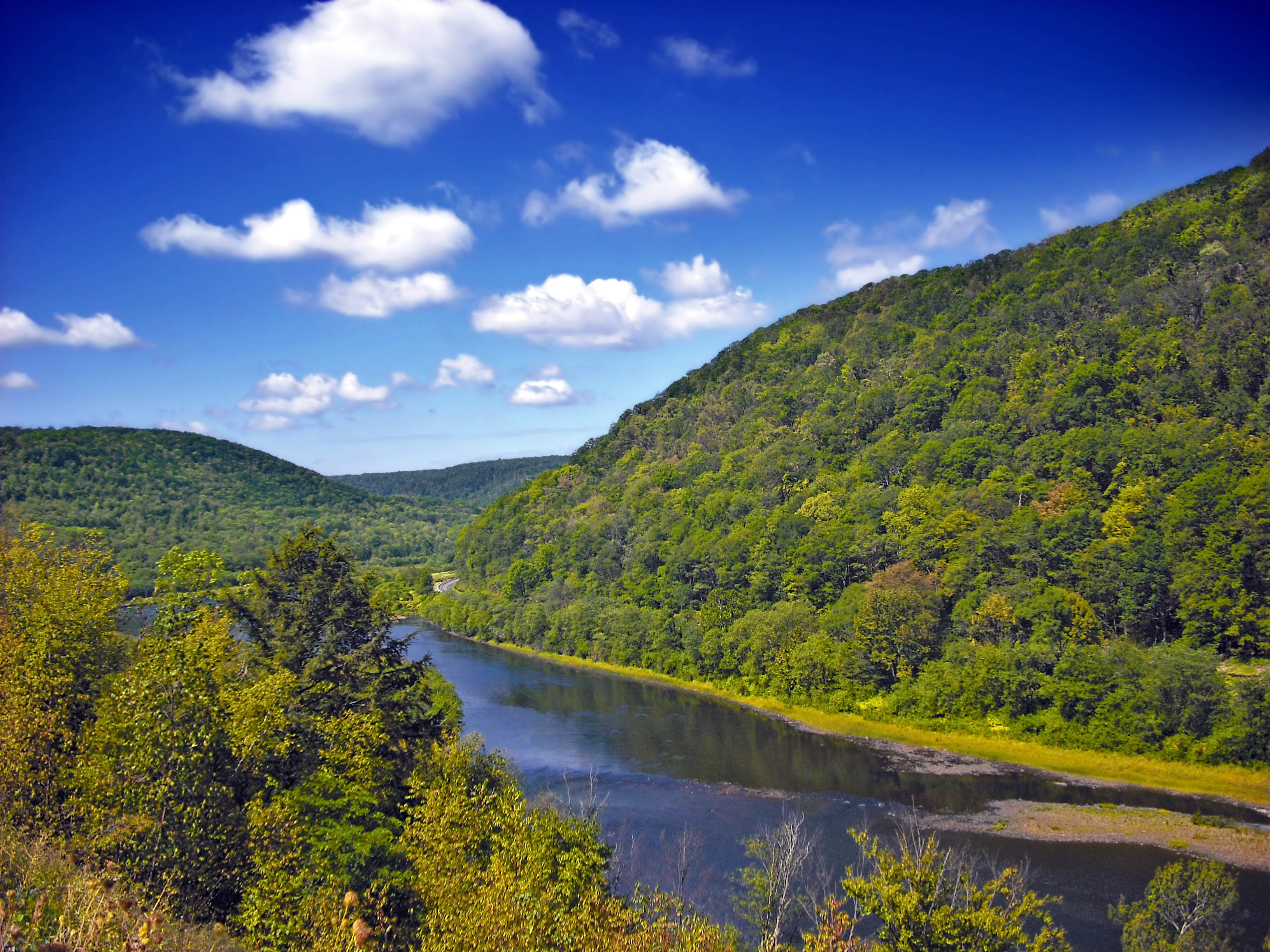water, autumn, mountain, PA-120, cumulus, Allegheny Plateau, outdoors, forest, bright light, Appalachian Mountains, rural, West Branch Susquehanna River, HD Wallpaper