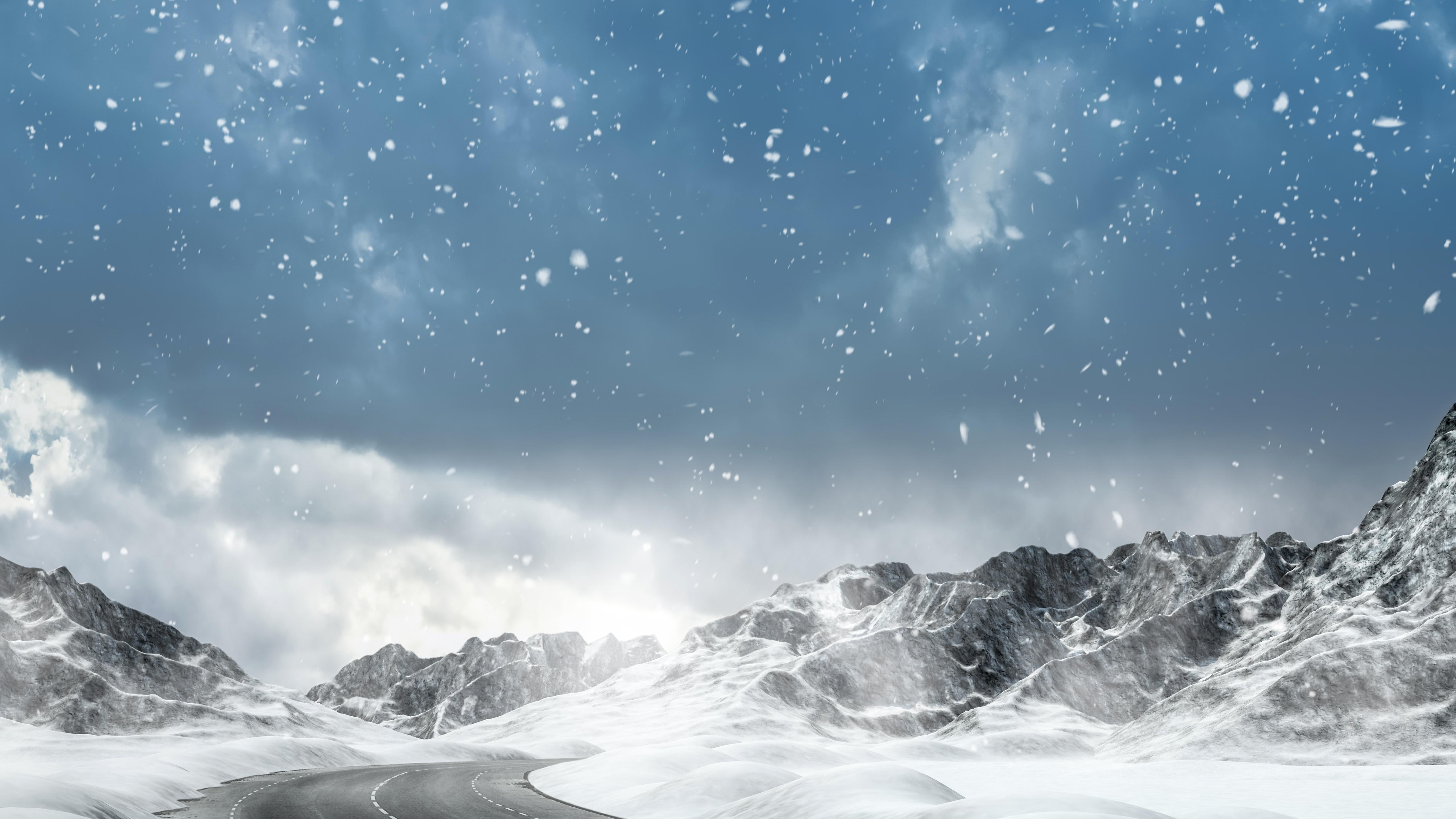 snowy mountains, cloudy, curvy road, snow, 5K, snawfall, ridge, road, mountain, snowing, mountain range, winter, snow clouds, HD Wallpaper