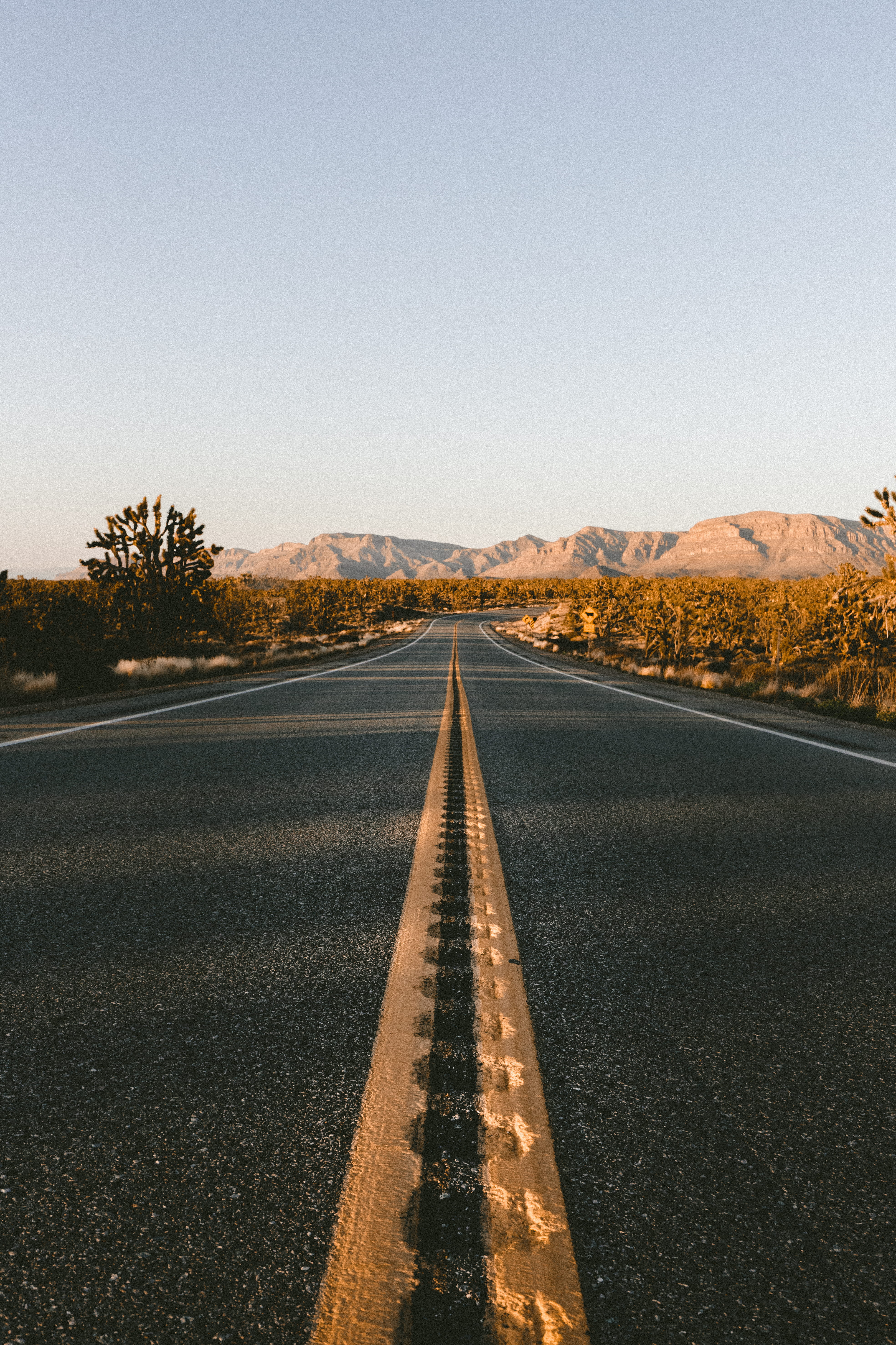 empty road, diminishing perspective, mountain, nature, sign, shadow, near, sunset, texture, road, view, driving, low, yellow line, transportation, sky, Phone HD Wallpaper