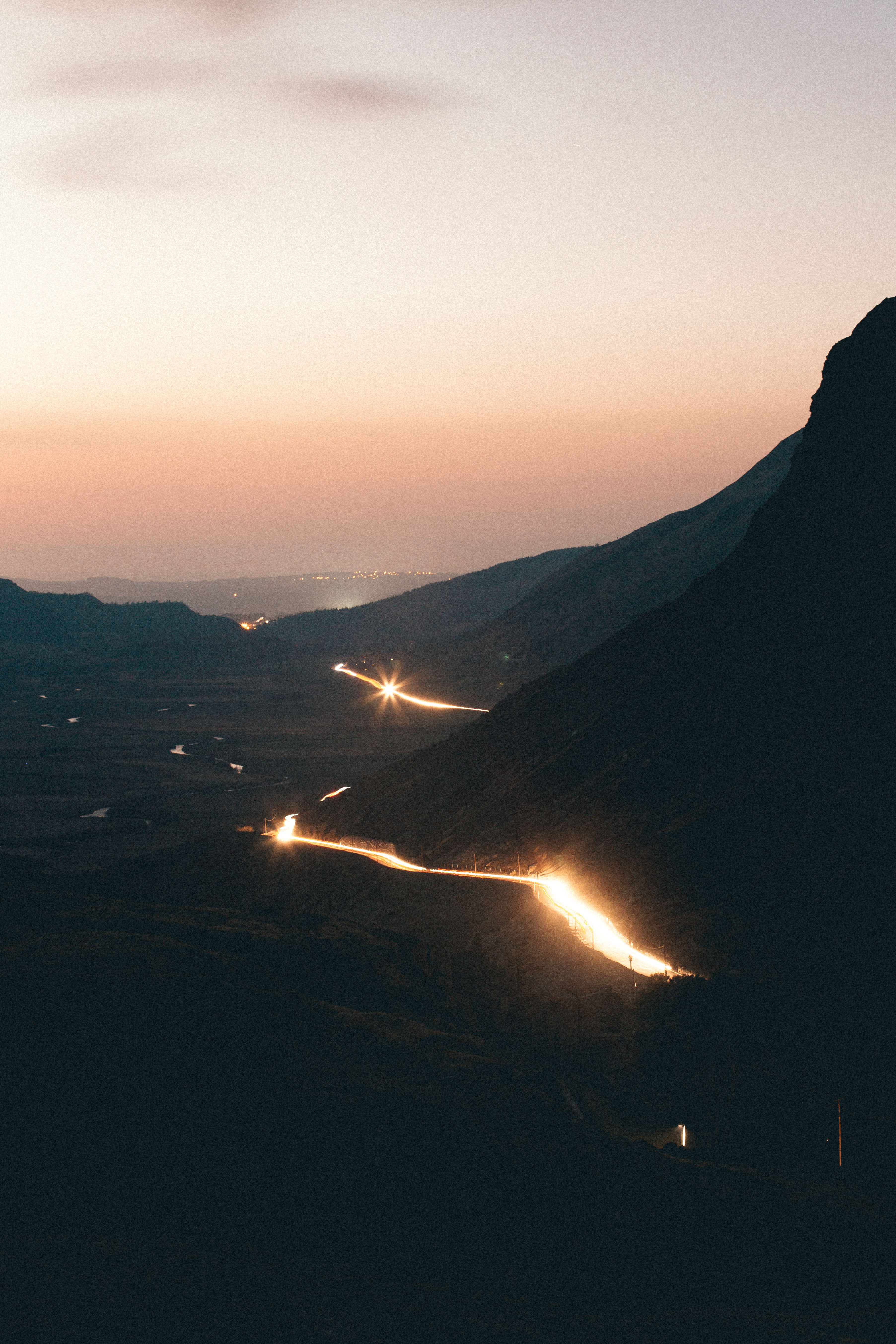mountains, illuminated, highland, beauty in nature, lights, night, ridge, orange color, mountain range, non-urban scene, valley, tranquility, 5K, environment, Phone HD Wallpaper