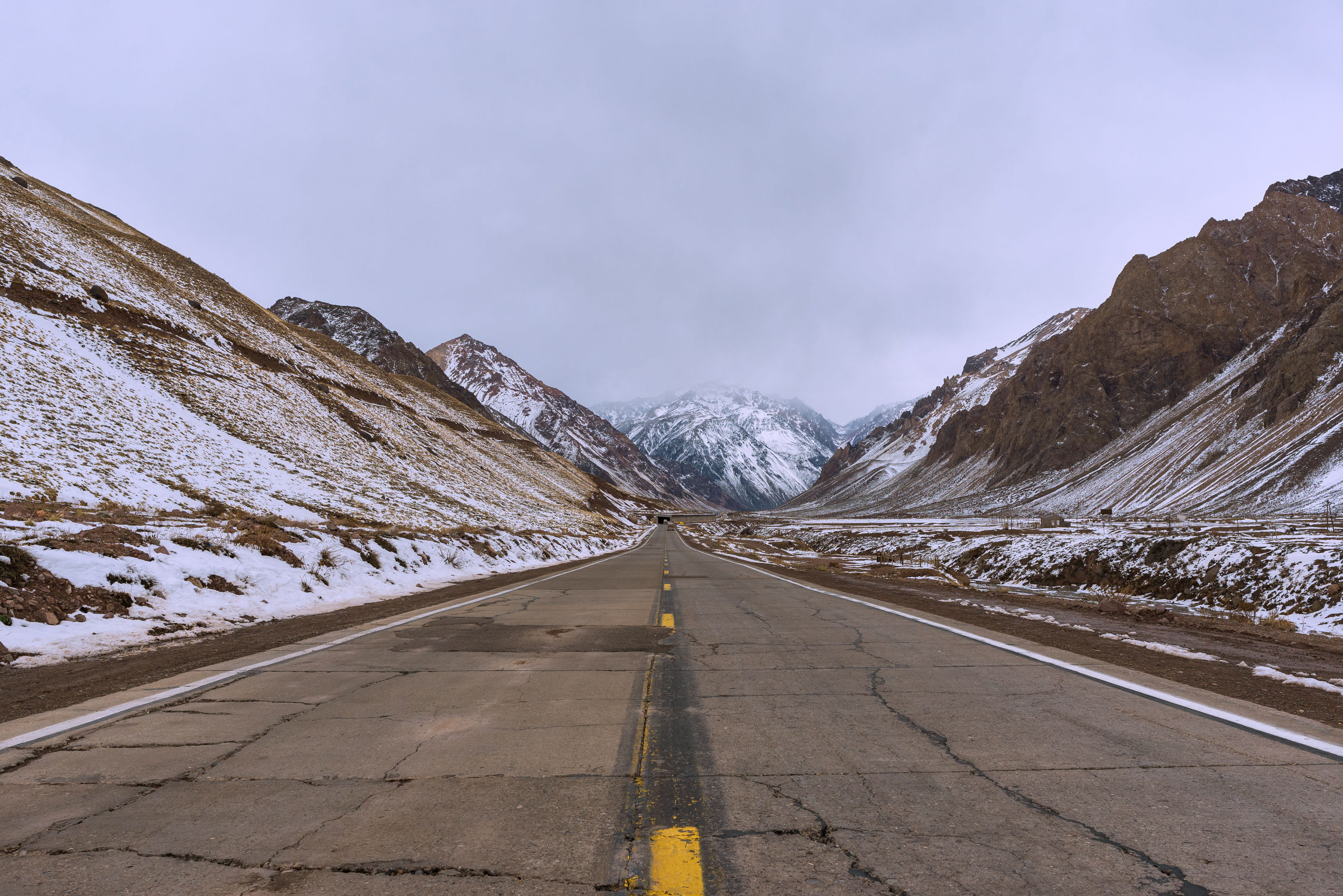 gray, sky, route, mountain range, beauty in nature, direction, mountain, transportation, no people, cold temperature, outdoors, the way forward, road, runway, HD Wallpaper