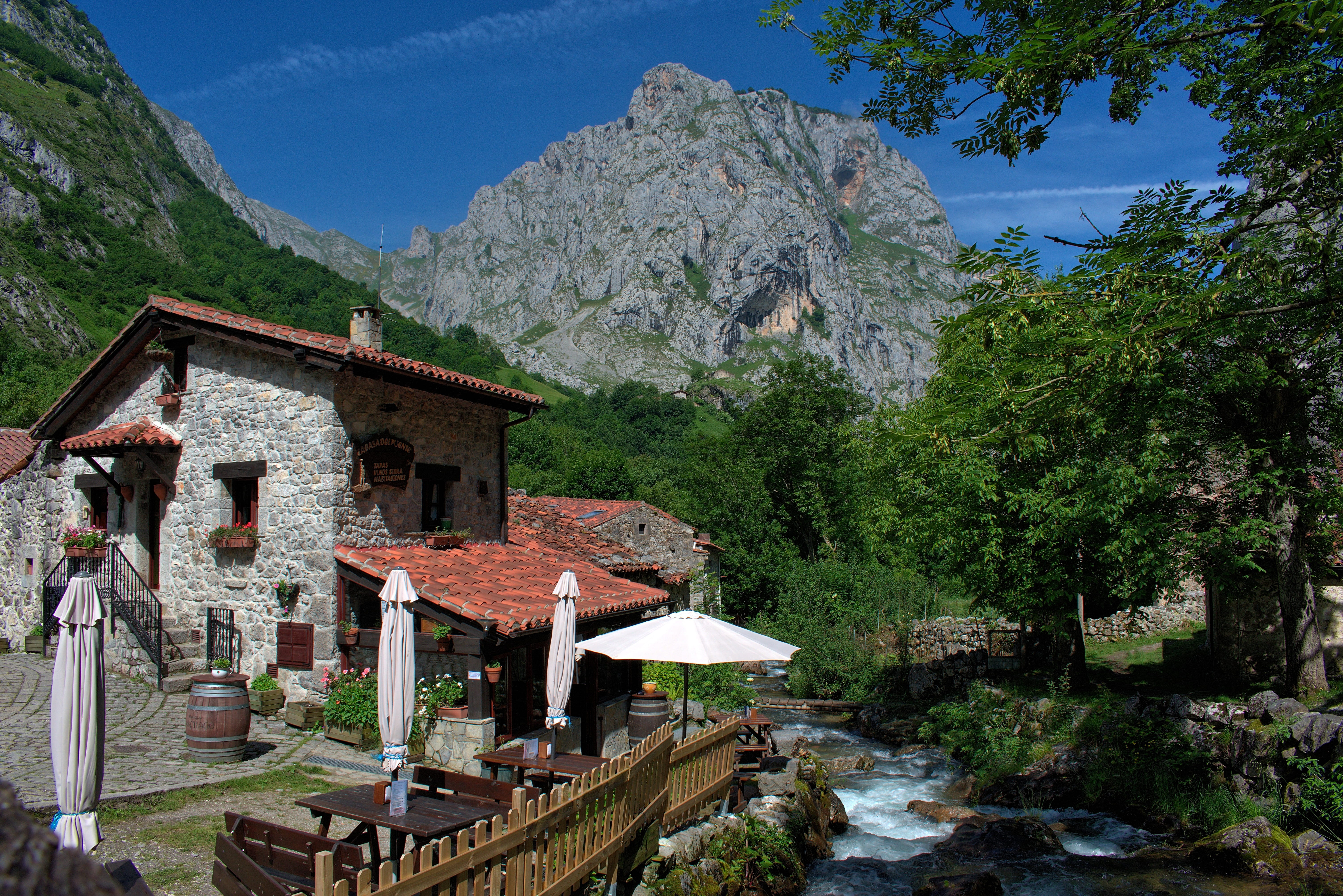built structure, river, mountain range, house, formation, tree, building, spain, day, hiking, rock, picos de europa, plant, asturias, nature, water, travel destinations, HD Wallpaper