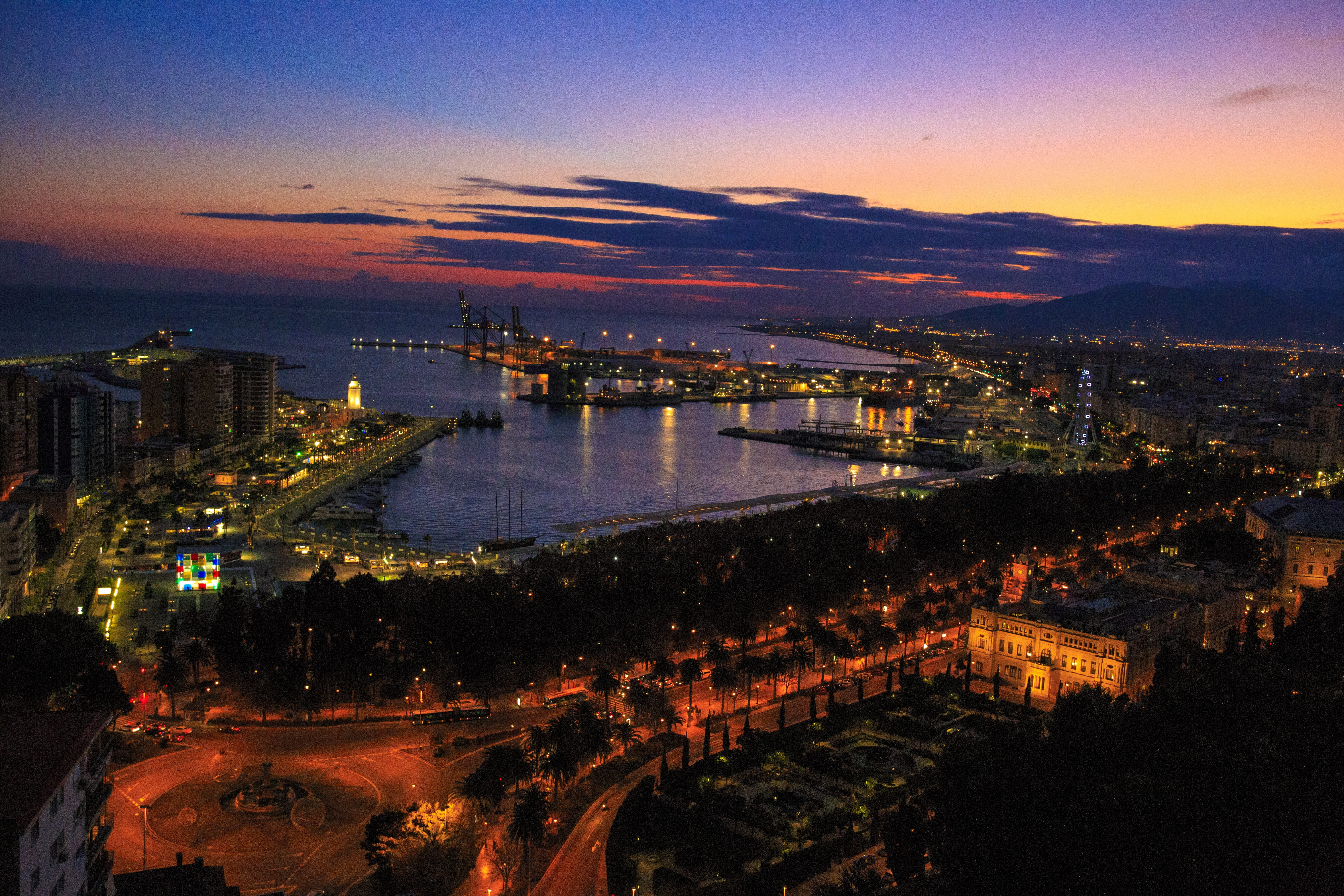 skyscraper, costa de sol, building exterior, office building exterior, malaga, 5K, dusk, view, transportation, panorama, cloud - sky, high angle view, HD Wallpaper