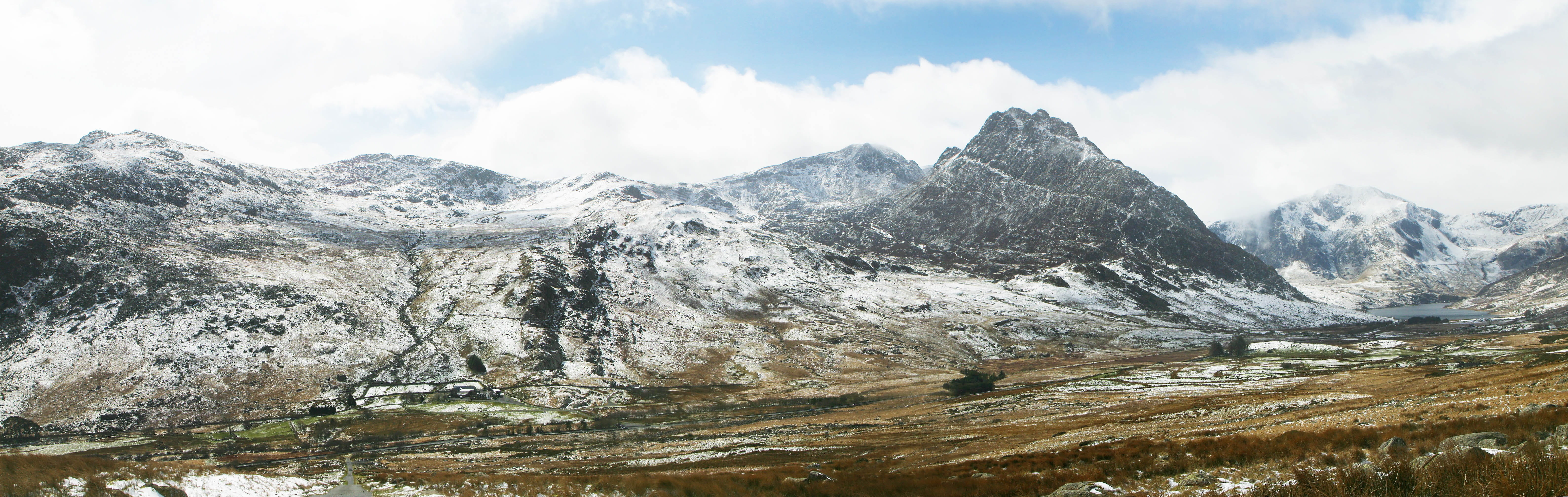 mountain peak, beauty in nature, winter, north, North, cloud - sky, pine tree, uk, Bethesda, wilderness, valley, panoramic, nature, Wales, day, mountain range, HD Wallpaper