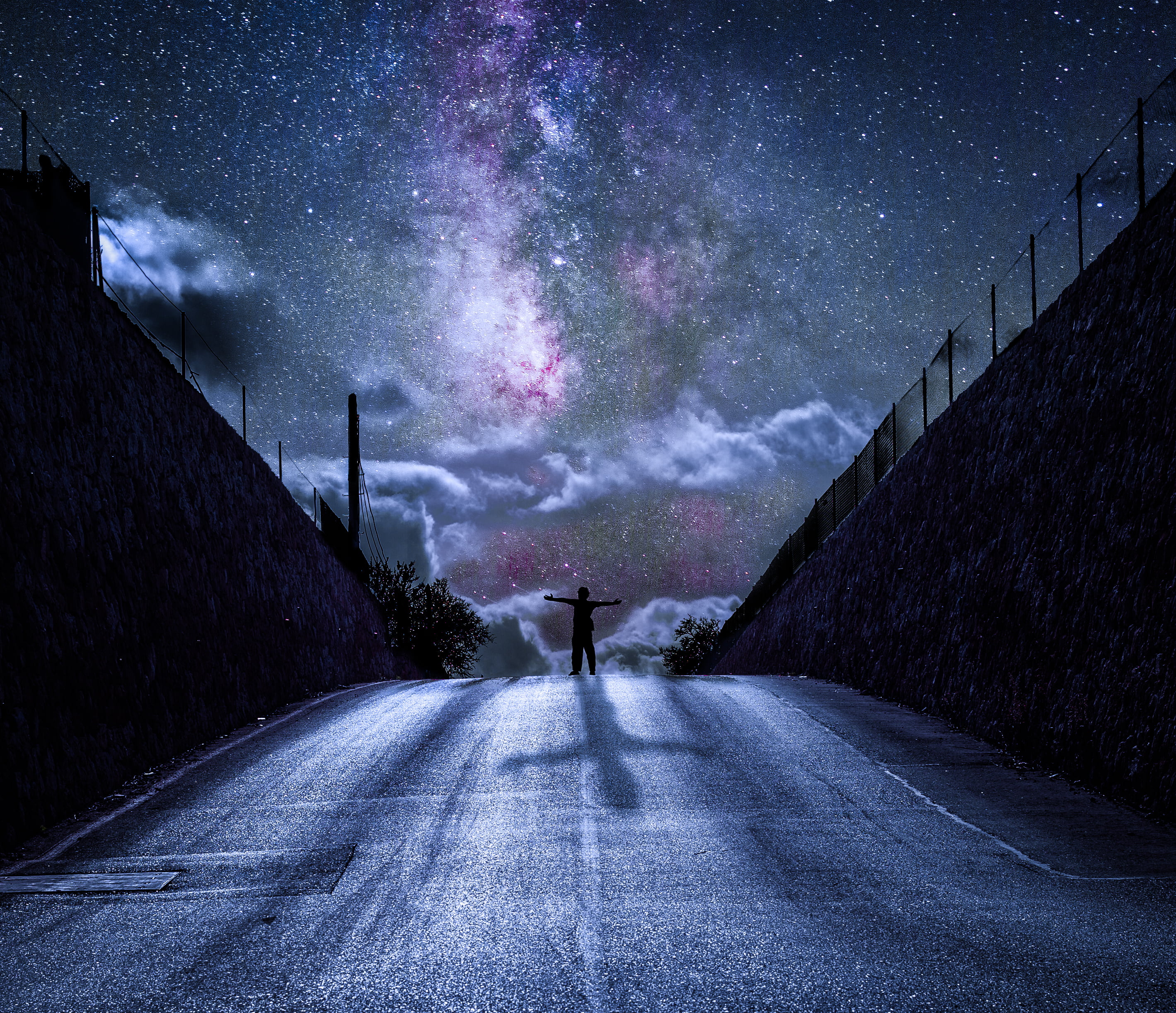 night, asphalt, 2K, time, mystery, night time, Mk2, dark, nature, Canon  5D, street, cosa, tree, outdoors, man, landscape, road, bridge, silhouette, Photoshop, HD Wallpaper