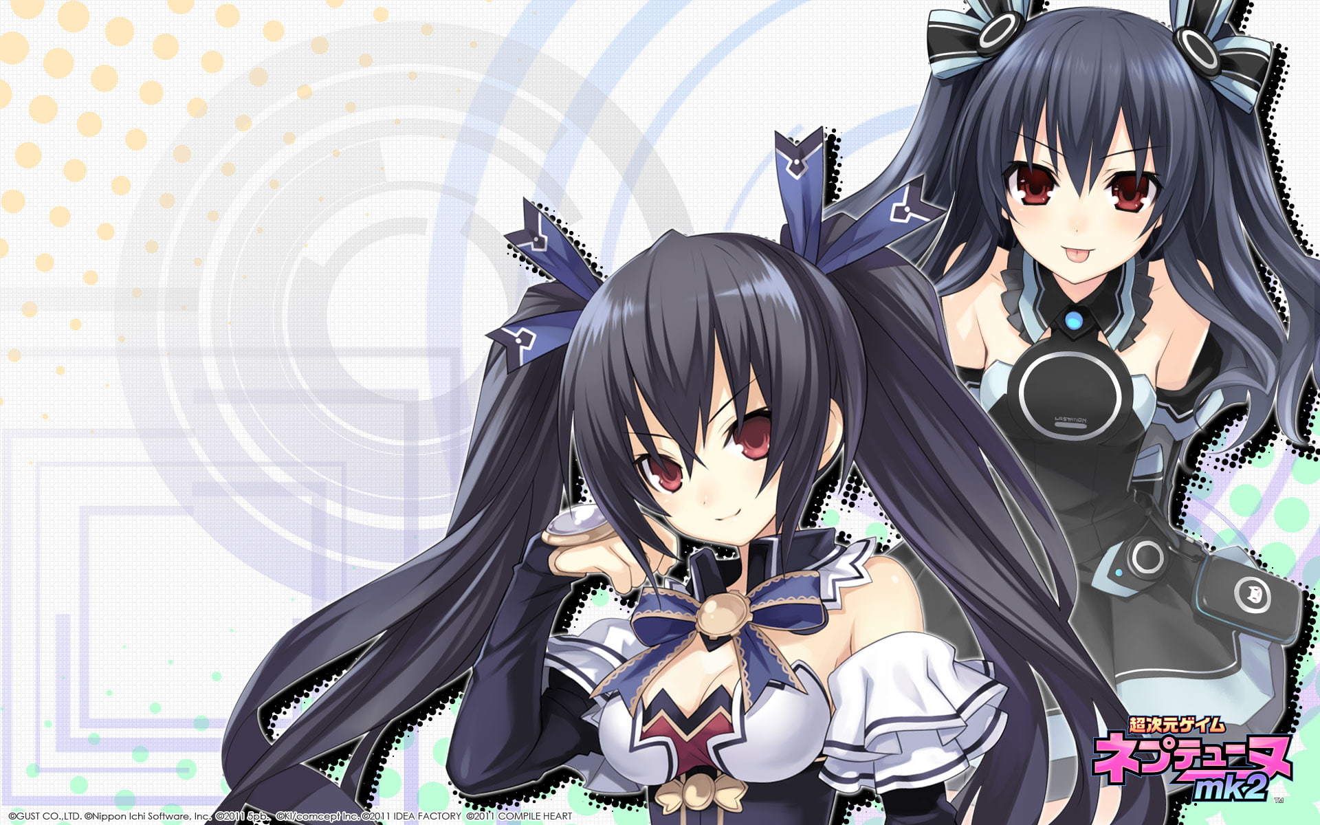 long, hyperdimension, twintails, tsunako, goth loli, heart, black, girls, 1080P, mk2, noire, neptunia, bow, hair, HD Wallpaper