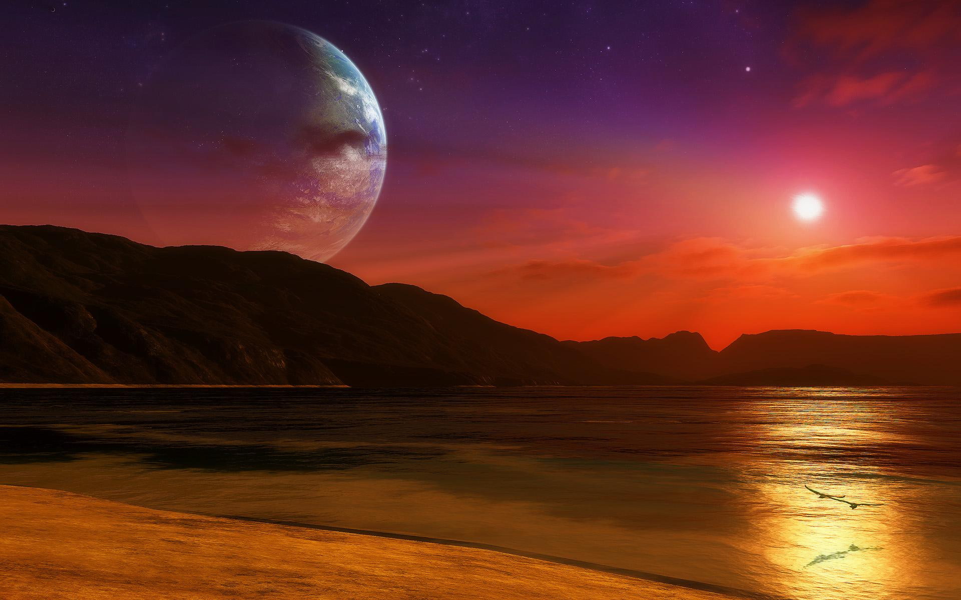3d and abstract, silhouette, night, beside, planet, water, 1080P, time, bird, body, beach, mountains, utopia, HD Wallpaper