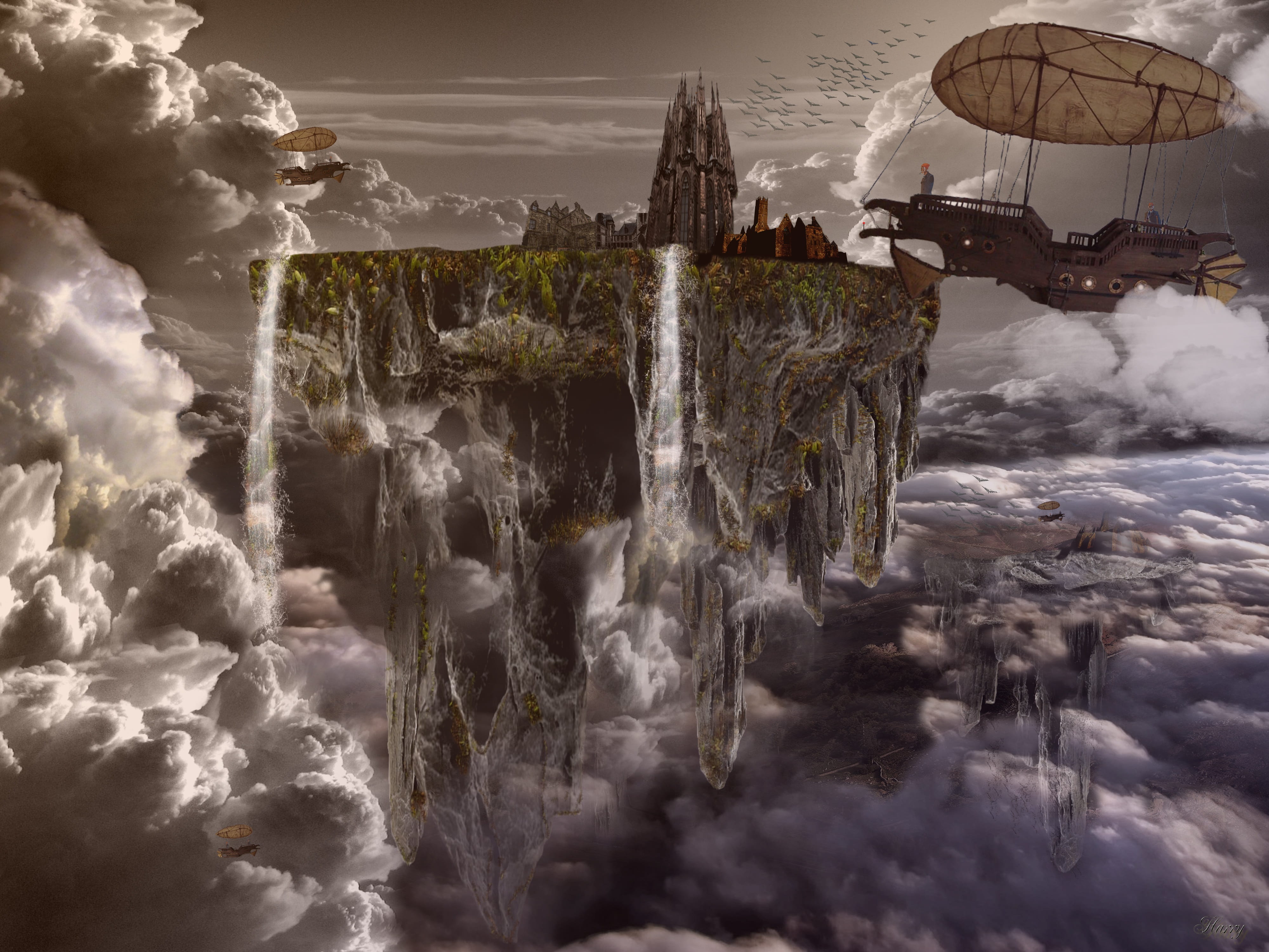true, sky, mount, blurred motion, fiction, no people, long exposure, photo, falling water, beauty in nature, clouds, zeppelin, 4K, cloud - sky, dream, HD Wallpaper