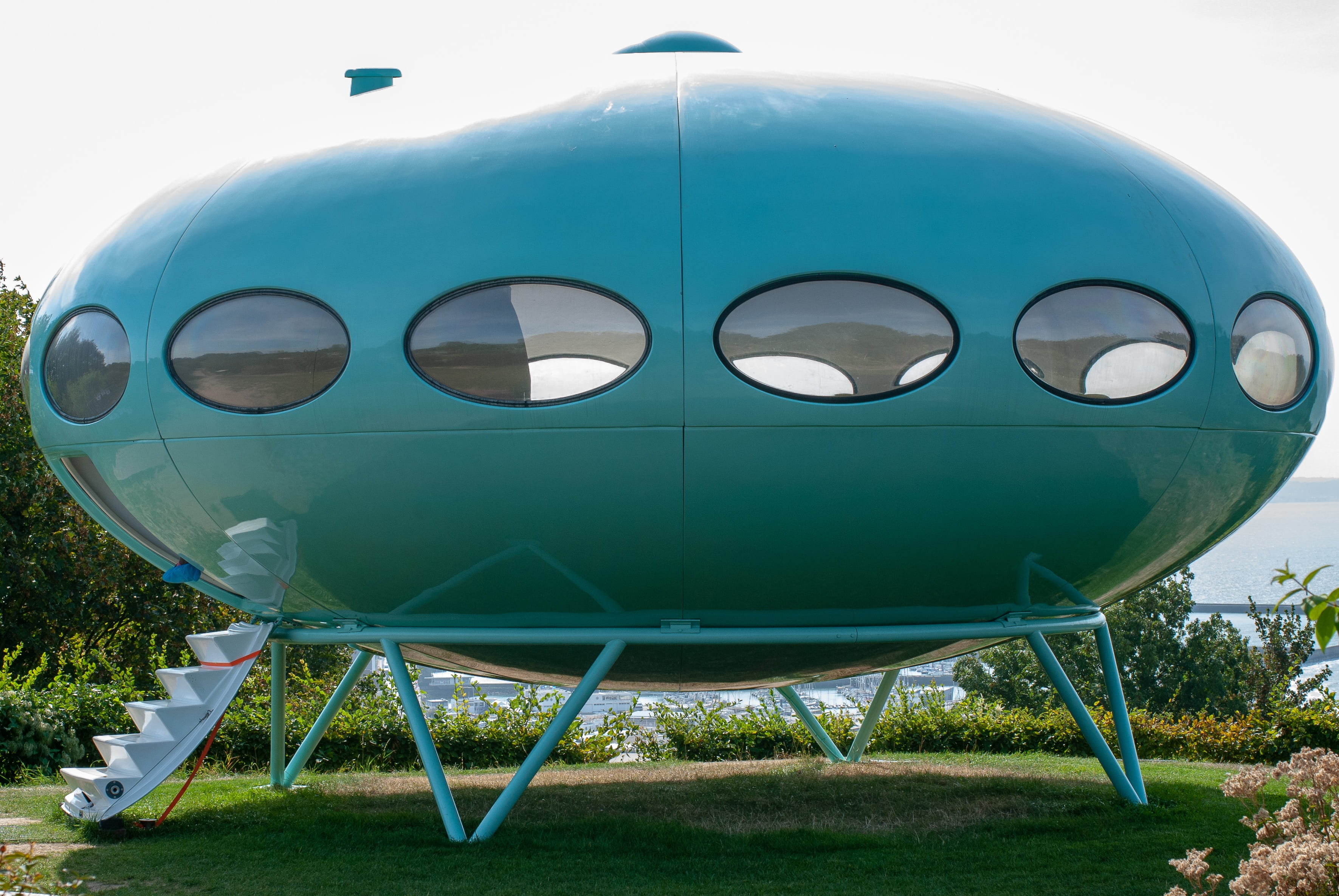 blue, airport, plant, archetype, green color, remains, clear sky, global communications, aerospace industry, land, saucer, outdoors, matti suuronen, finnish, HD Wallpaper