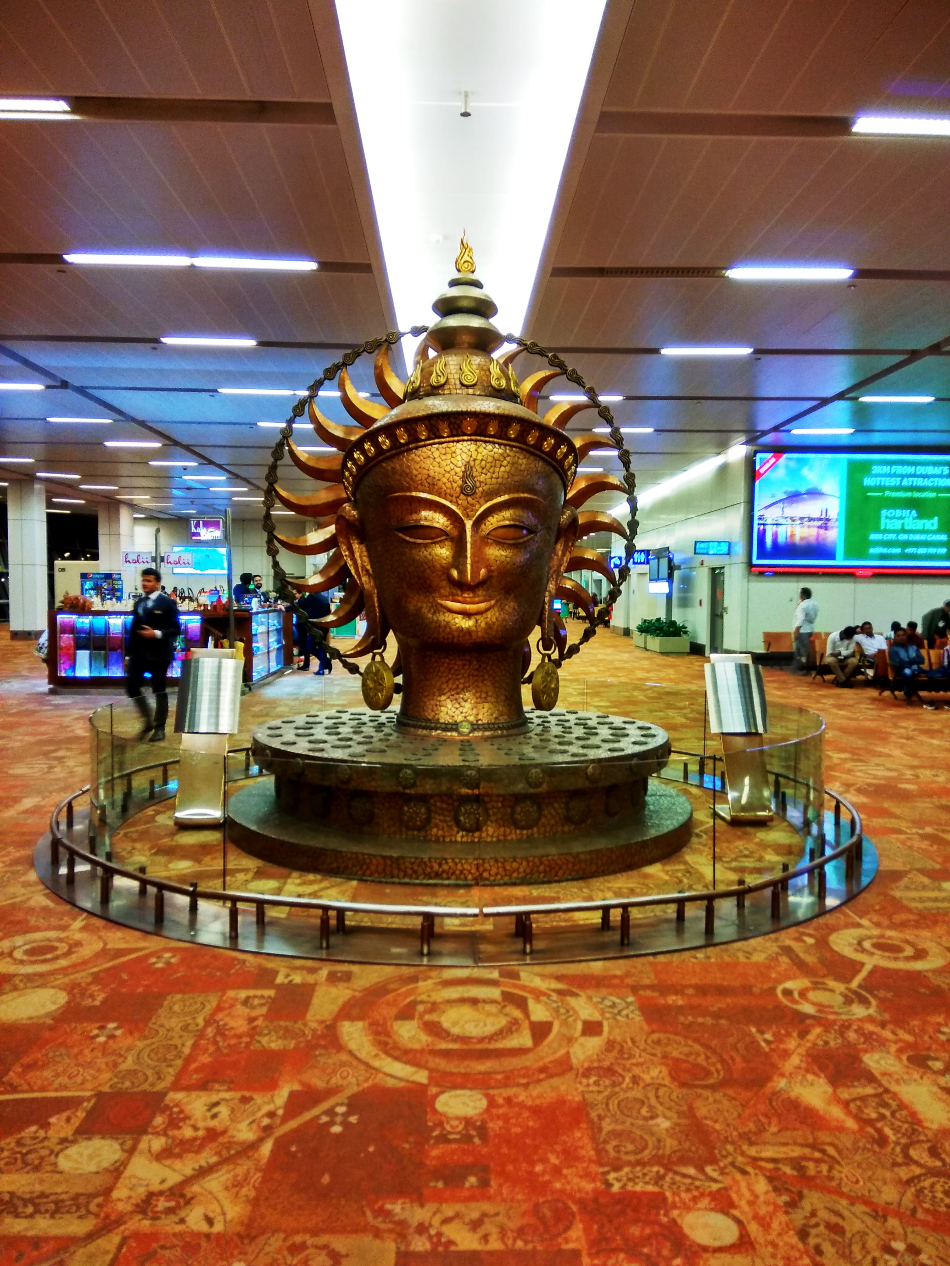 religion, building, incidental people, gold colored, india, illuminated, spirituality, creativity, male likeness, ceiling, buddha, t3 terminal airport delhi, Phone HD Wallpaper