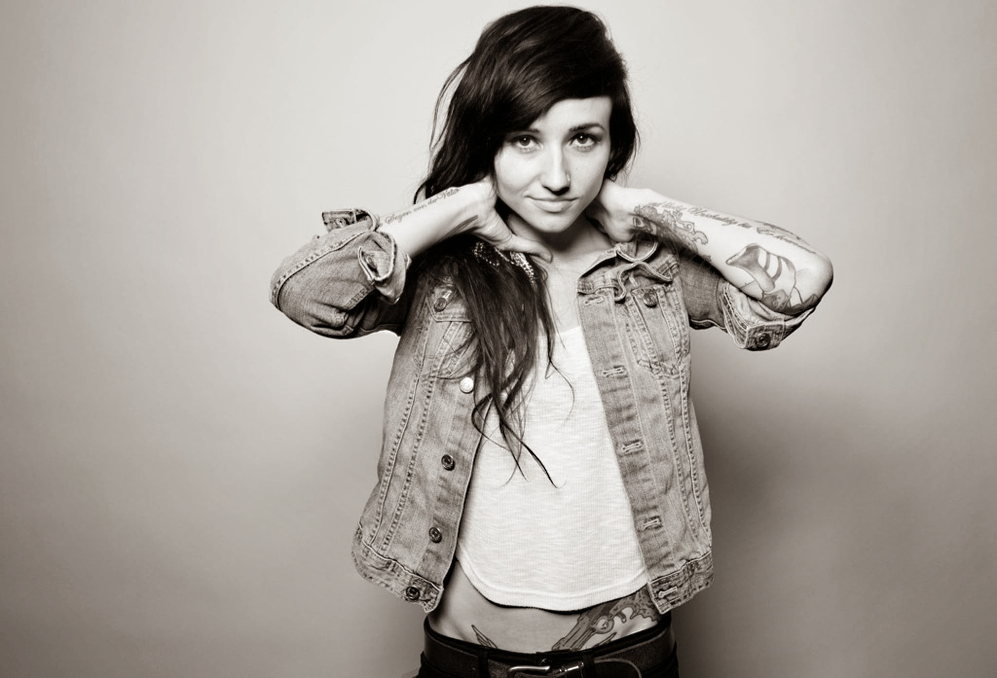 indoors, one person, casual clothing, young women, fashion, lifestyles, tattoo, women, hairstyle, adult, 1080P, young adult, beautiful woman, model, waist up, HD Wallpaper