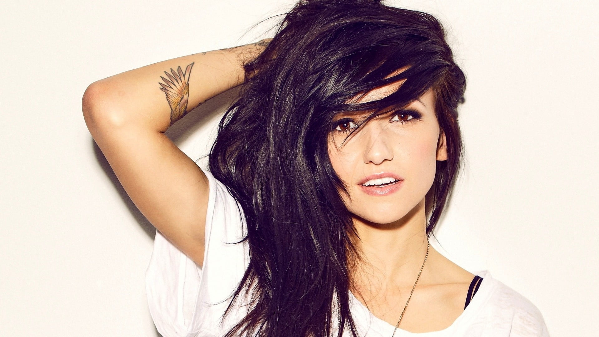 portrait, young adult, fashion, Valerie Poxleitner, young women, studio shot, human face, long hair, brunette, emotion, one person, indoors, arms up, tattoo, HD Wallpaper
