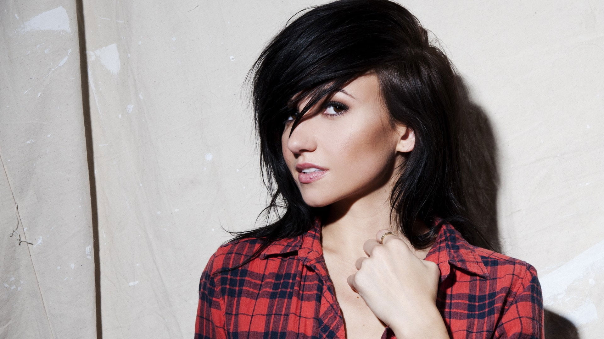 young adult, plaid, contemplation, face, portrait, plaid shirt, real people, hair, front view, concrete, black hair, beauty, Valerie Poxleitner, beautiful woman, HD Wallpaper