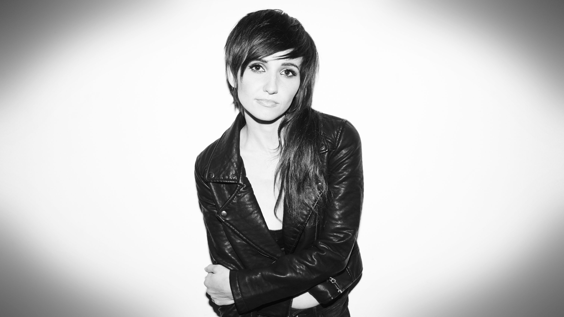 studio shot, contemplation, indoors, waist up, lights, looking at camera, model, leather jacket, 1080P, leather, beauty, bangs, women, casual clothing, HD Wallpaper