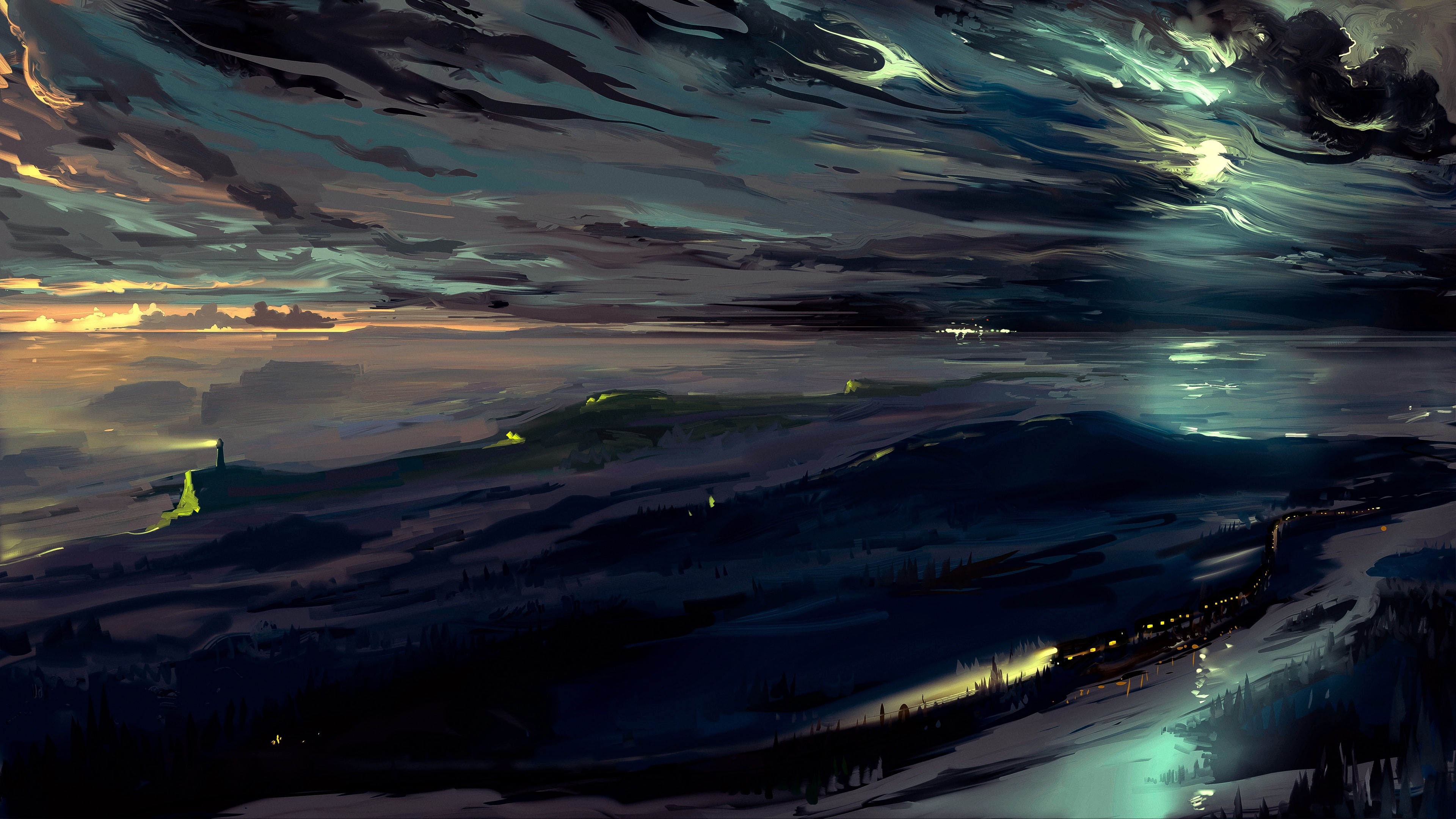 night, winter, painting art, winter night, painting, landscape, 4K, wind, wavy clouds, darkness, horizon, HD Wallpaper