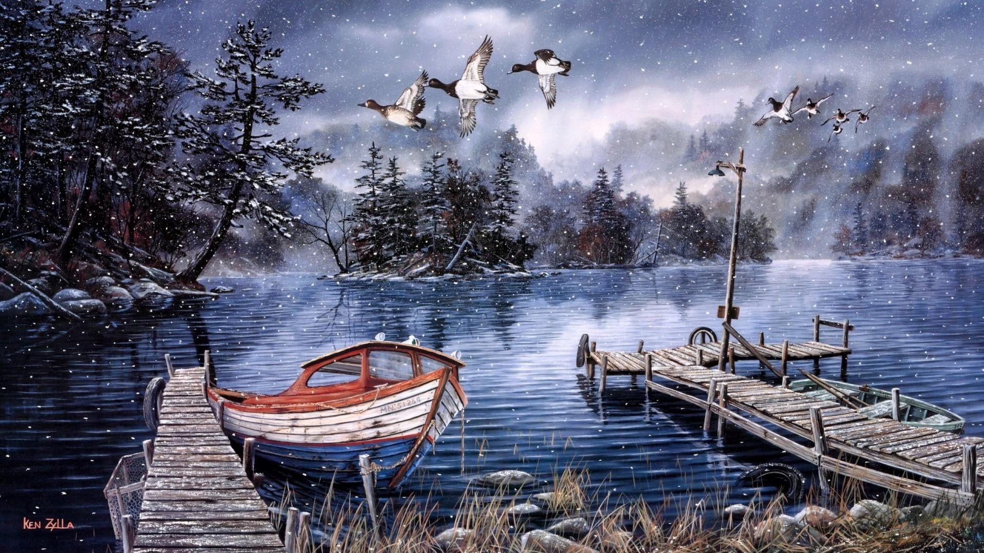 day, nautical vessel, painting, transportation, lake, watercolor, outdoors, water, bird, tree, plant, river, artwork, water bird, sky, illustration, flying, HD Wallpaper