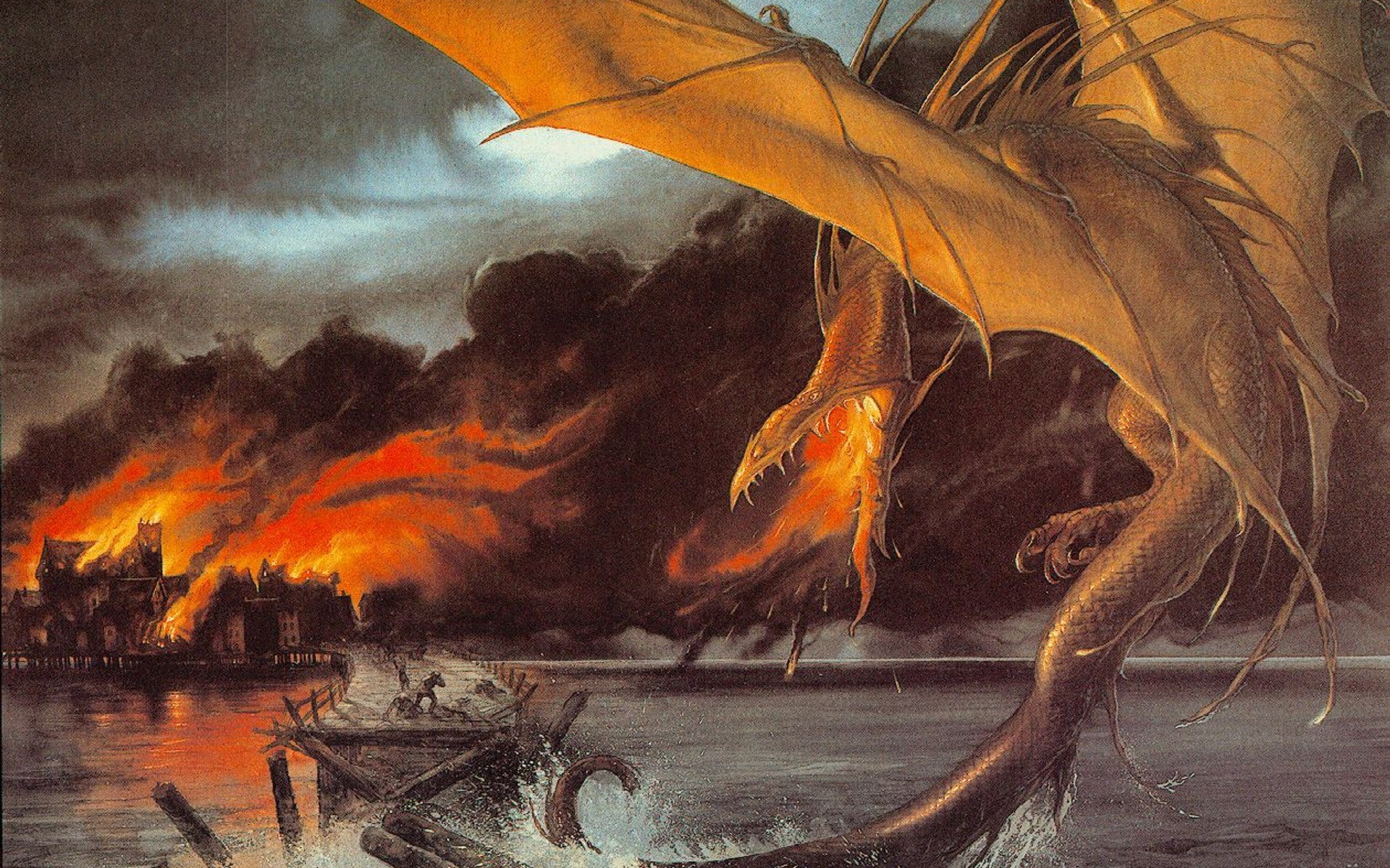 dragon, animal wildlife, tree, 1080P, outdoors, sunset, fantasy art, animal, vertebrate, Smaug, sea, beauty in nature, group of animals, The Hobbit, reflection, HD Wallpaper
