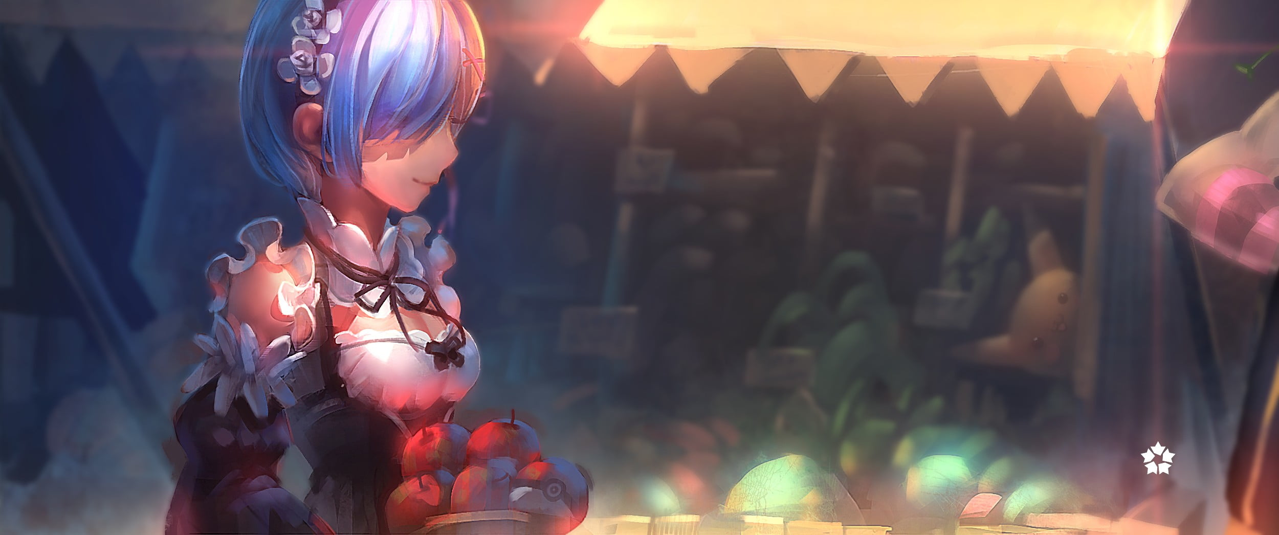 illuminated, rei, 1080P, celebration, outdoors, focus on foreground, blue hair, fruit, anime, zero, childhood, innocence, re, night, one person, portrait, HD Wallpaper