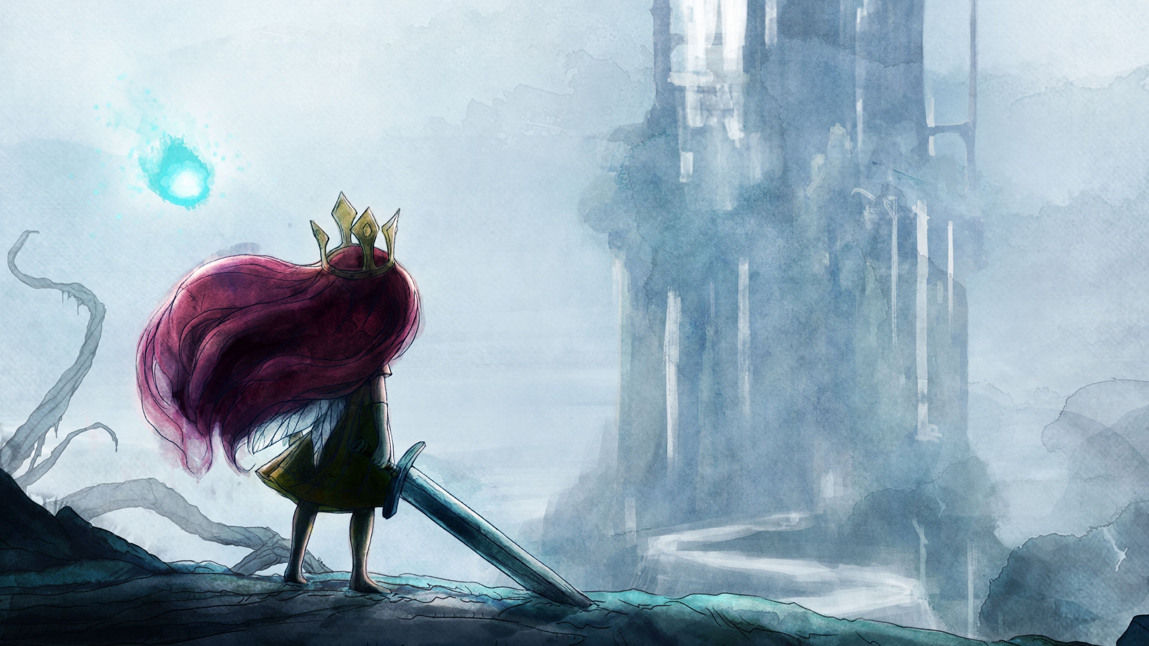 haired, girl, outdoors, day, sword, smoke - physical structure, 4K, Child of Light, purple, holding, fog, mystery, architecture, red, women, clothing, HD Wallpaper