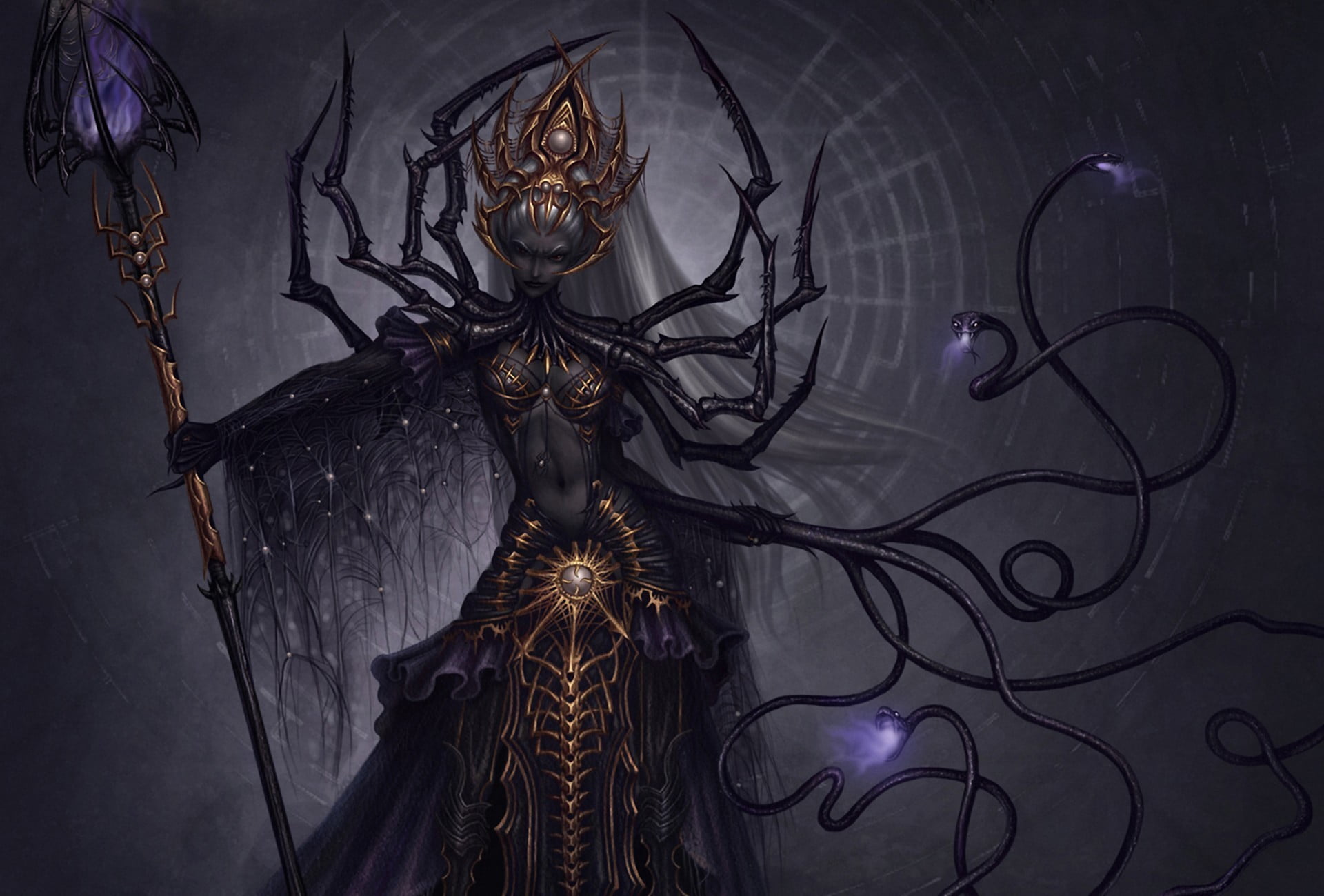 digital, art and craft, illuminated, decoration, spooky, no people, surrounding, fantasy art, pattern, snakes, creativity, purple, craft, human representation, HD Wallpaper