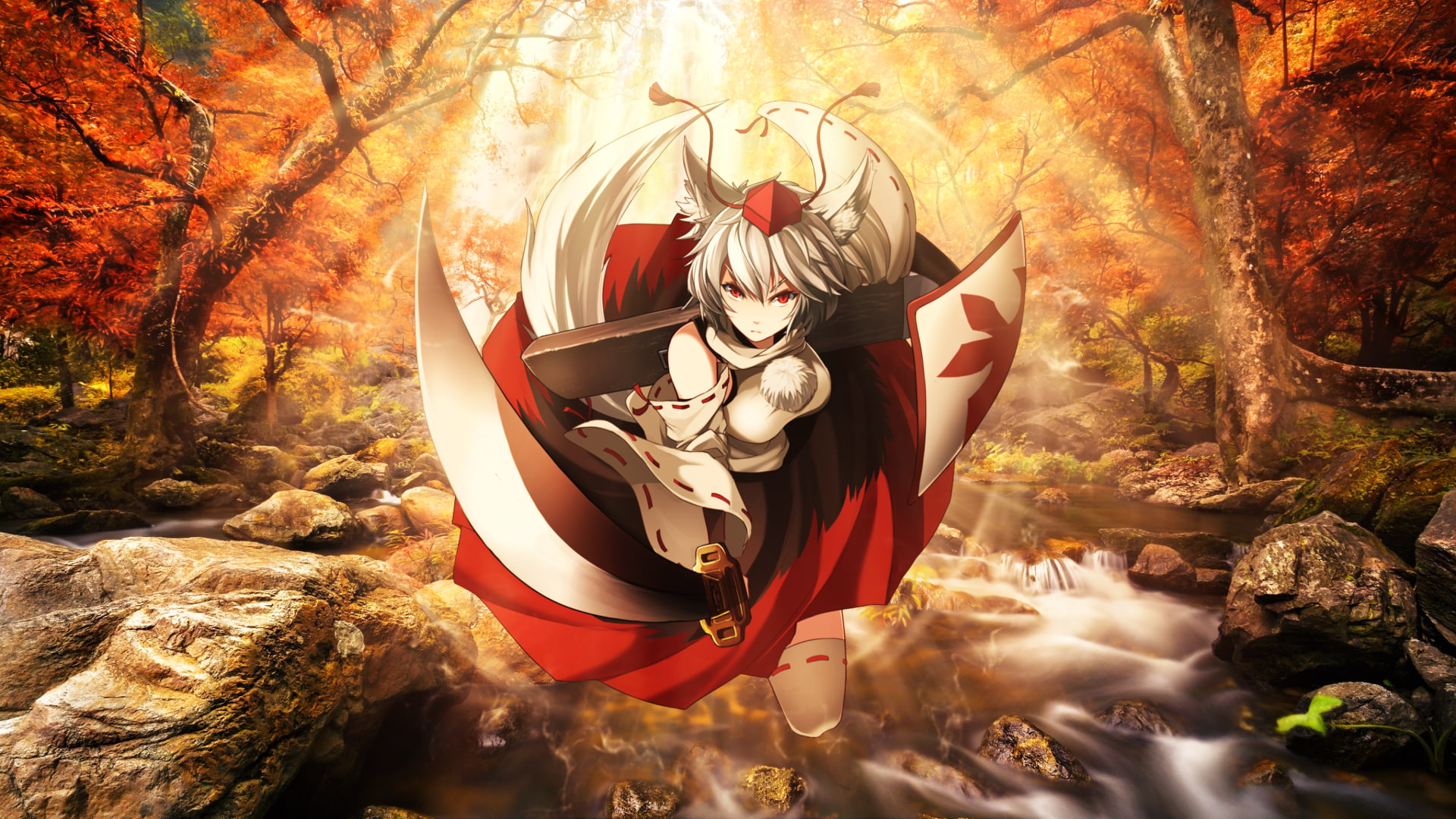 1080P, katana, Okamimimi, red eyes, detached sleeves, Tokin Hat, Touhou, white hair, bangs, thigh-highs, landscape, fall, rock, short hair, Inubashiri, HD Wallpaper