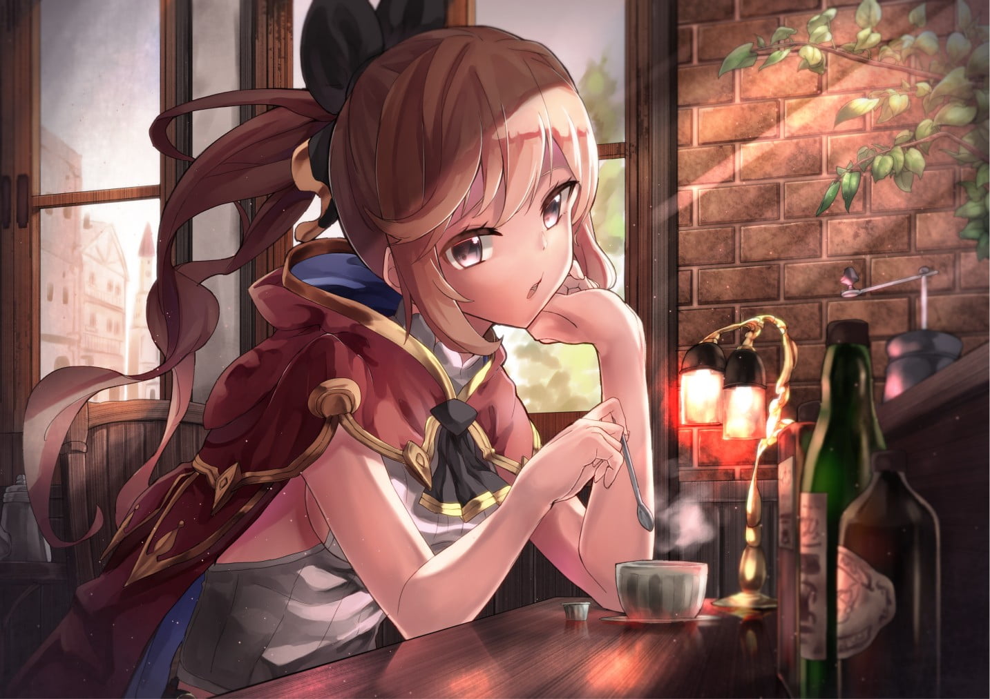 bar, lifestyles, sitting, anime girls, leisure activity, innocence, childhood, females, anime, women, indoors, Granblue Fantasy, food and drink, Clarisse (Granblue Fantasy) , HD Wallpaper