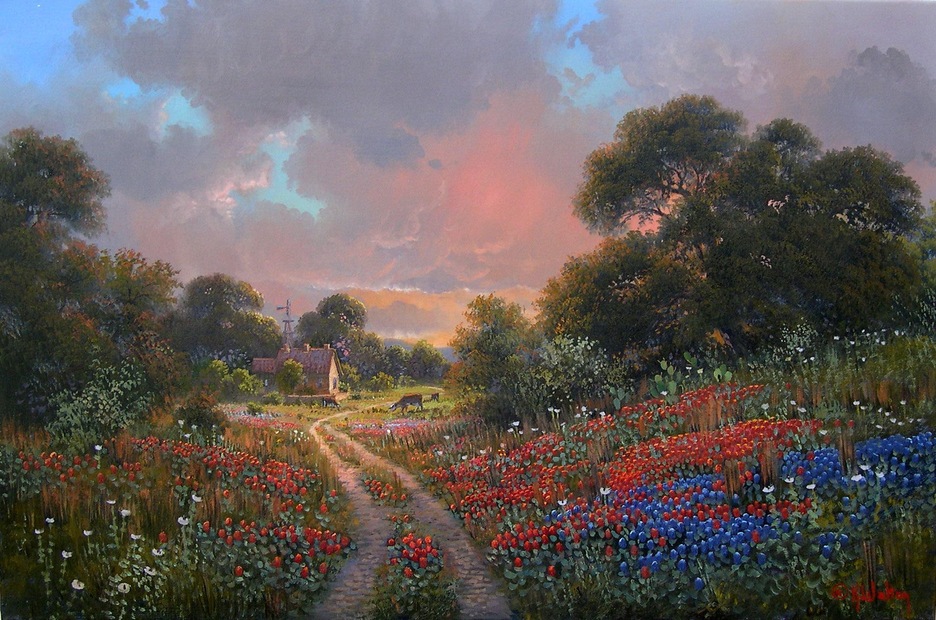 3d and abstract, 1080P, hill, nature, painting, tree, flower, kay walton, glory, walton, kay, path, spring, HD Wallpaper