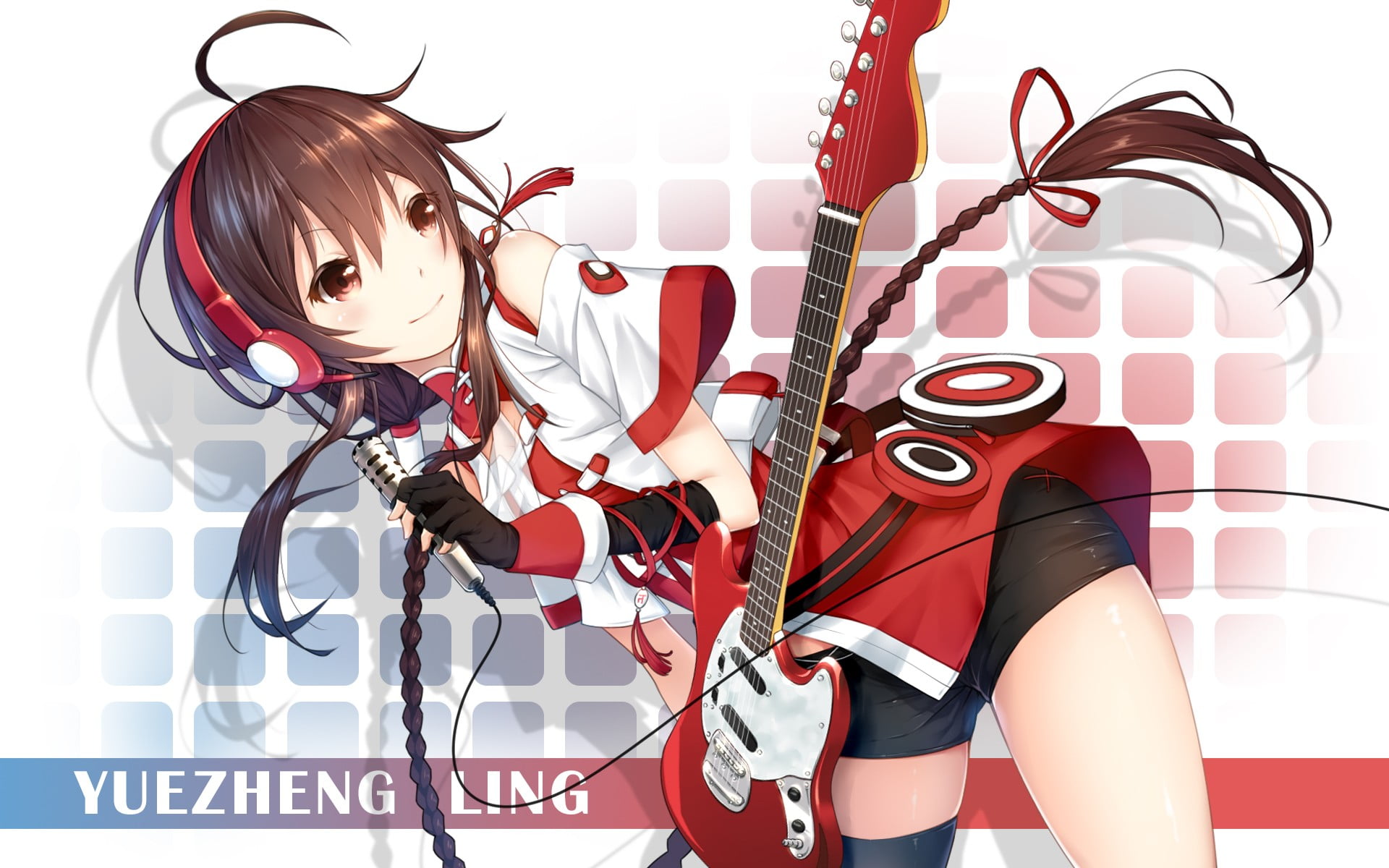 hair, microphone, standing, headphones, one person, shorts, musical instrument, women, thigh-highs, representation, young women, young adult, red, Yuezheng Ling, HD Wallpaper