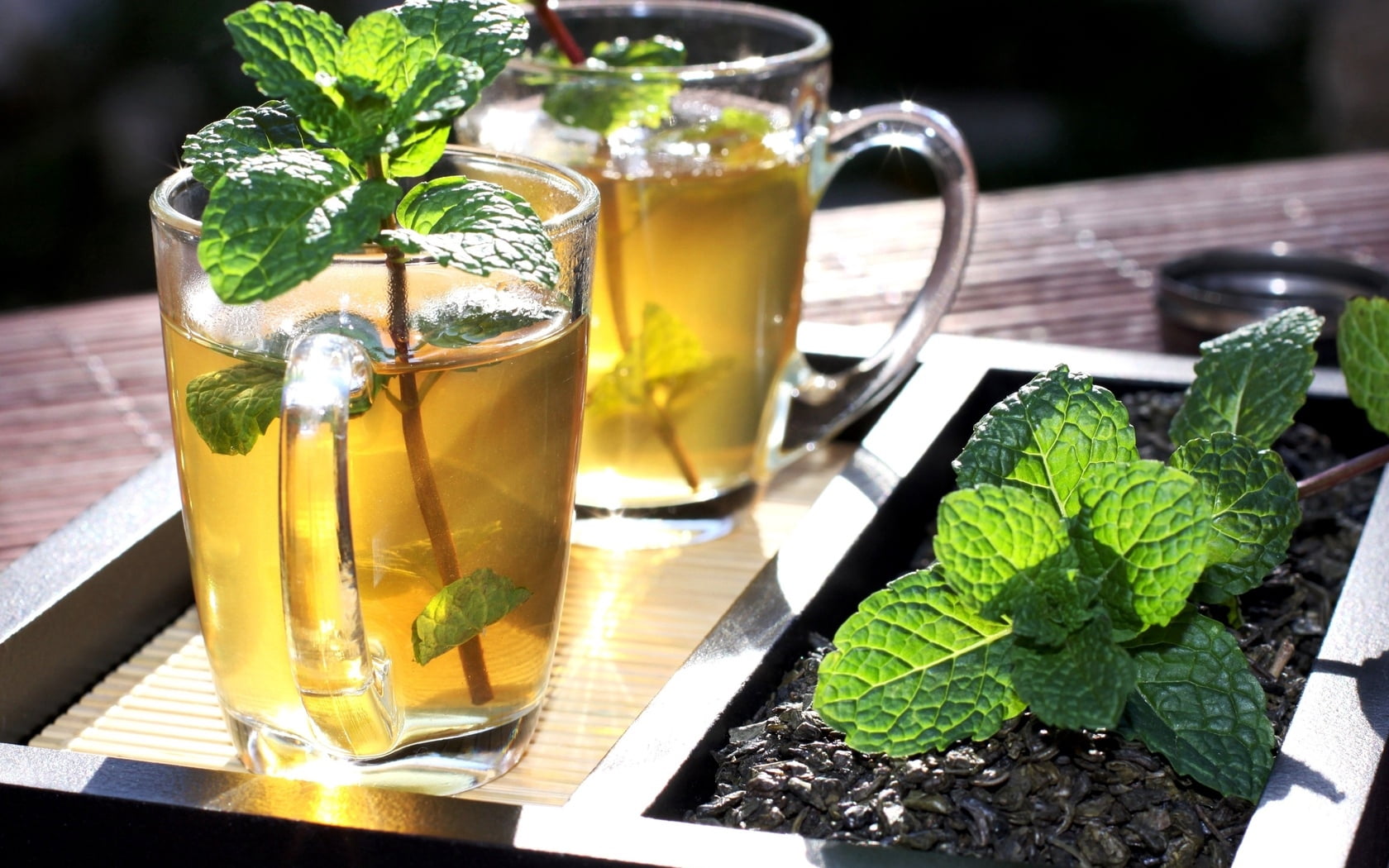 cocktail, two, clear, cups, liquid, teacups, glass, spearmint, mugs, lemon, mint sprigs, summer, healthy Eating, citrus Fruit, organic, tea, drink, household equipment, HD Wallpaper