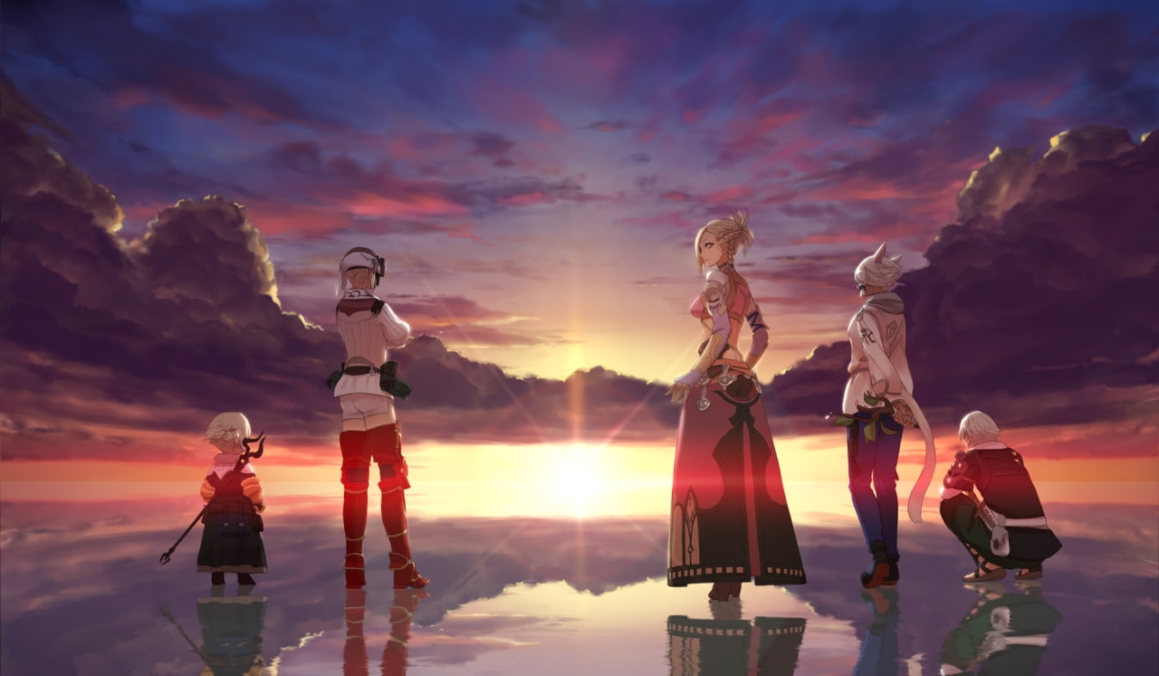 women, standing, togetherness, Games, sky, anime style, digital composite, men, females, nature, childhood, reflection, lens flare, final fantasy xiv, minfilia, HD Wallpaper