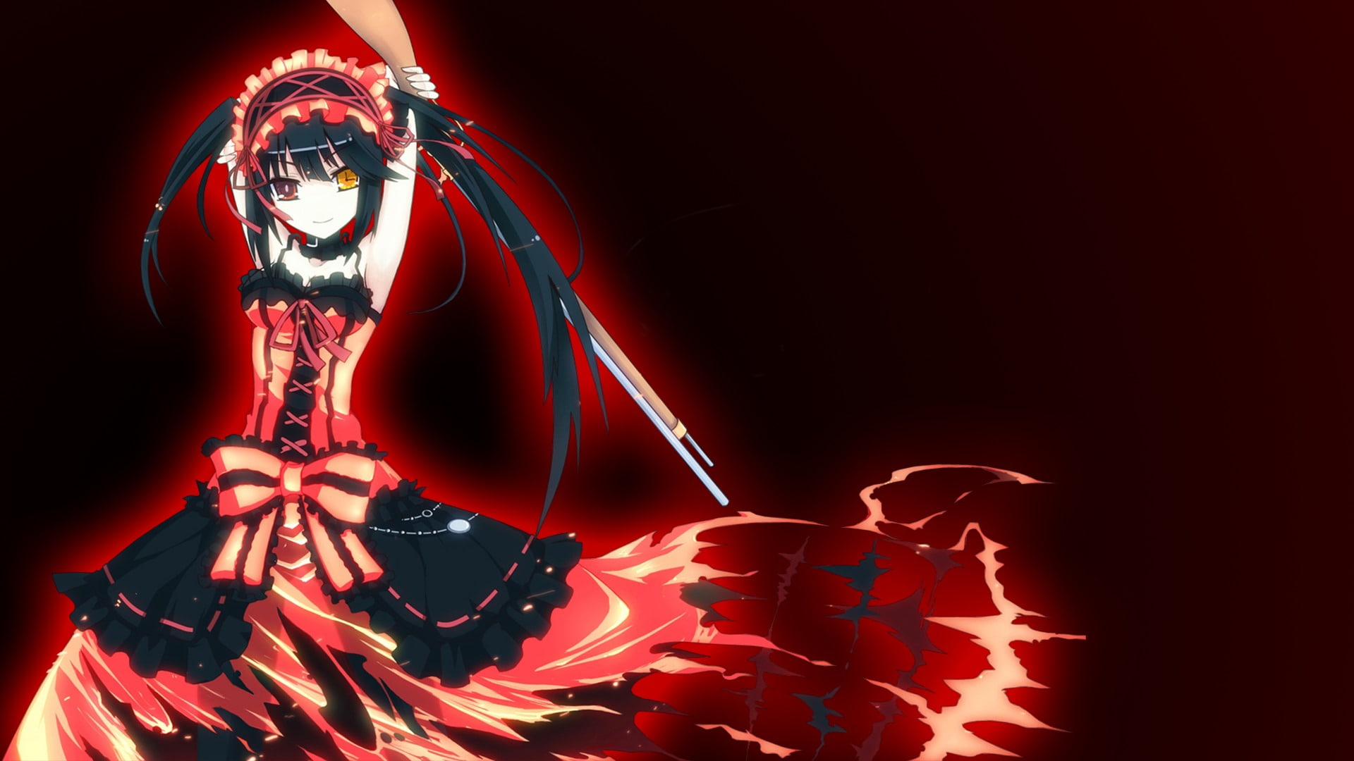 haired, Girl, Long Hair, female, Dress, character, 1080P, Gun, Heterochromia, long, Black Hair, Date A Live, black, Anime, Kurumi Tokisaki, HD Wallpaper