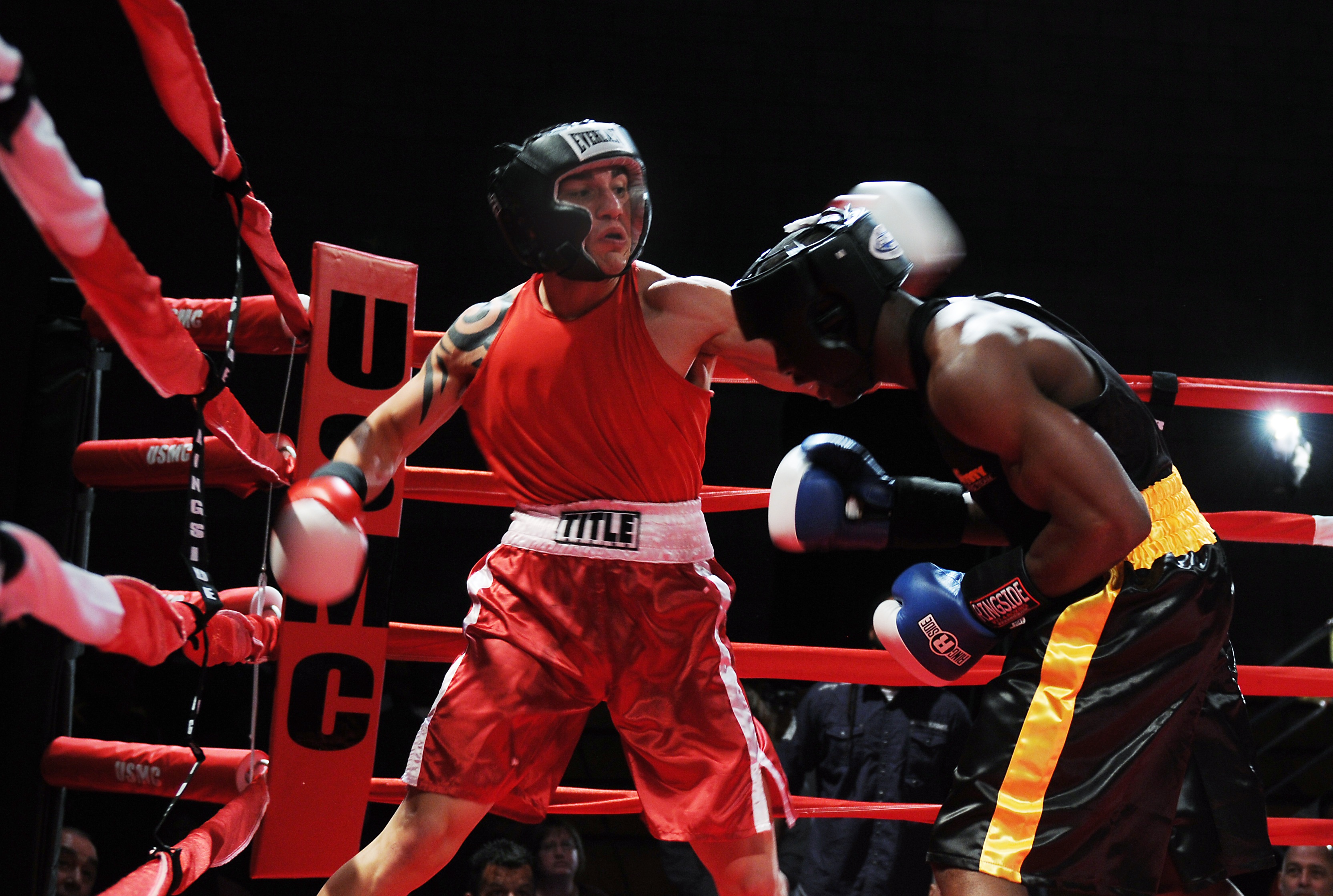 front view, red, group of people, people, adult, ring, boxers, real people, headgear, action, indoors, two, clothing, winning, 2K, boxing, fitness, competition, HD Wallpaper