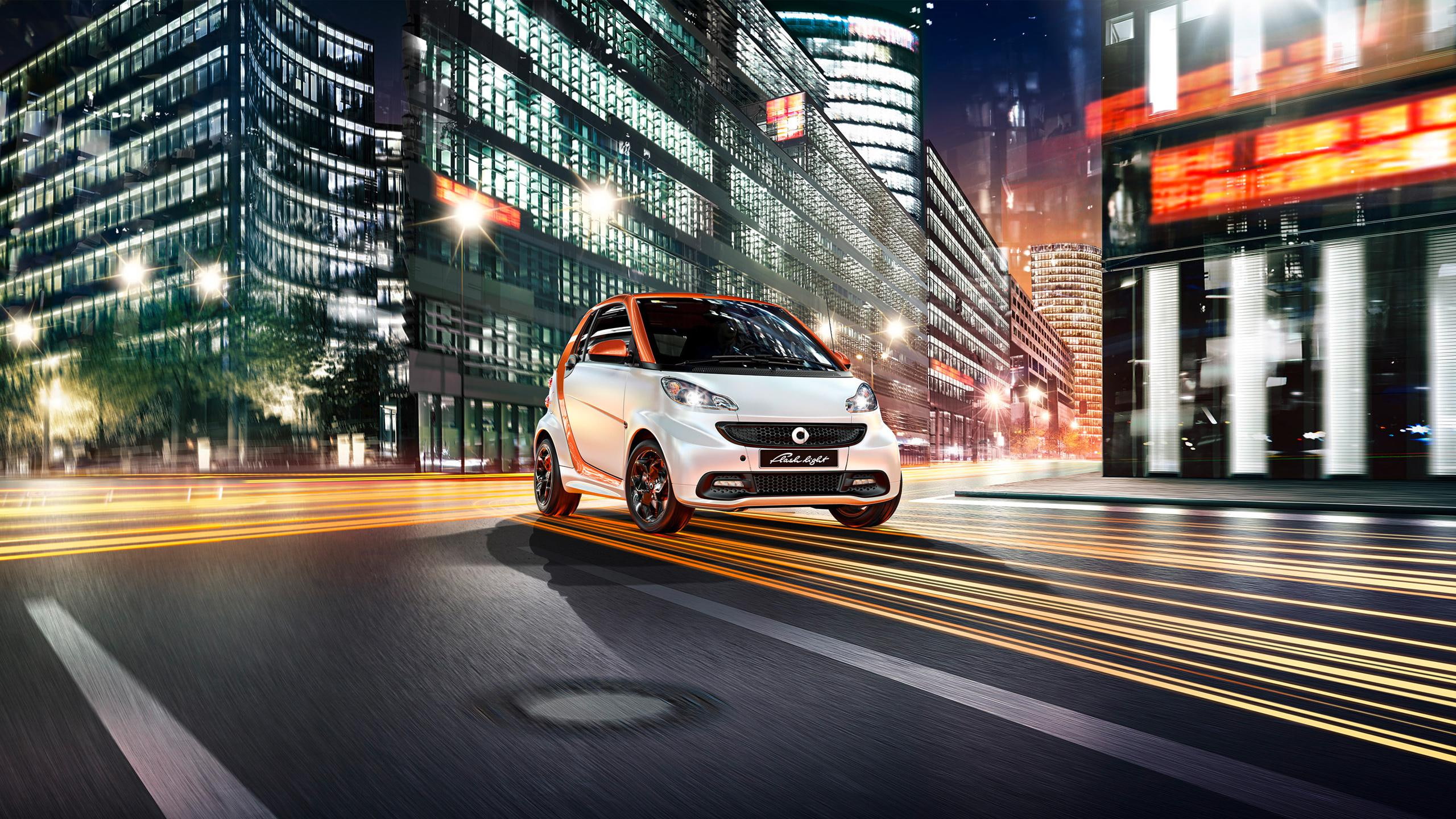 smart, white, flashlight, 2K, other cars, 2015, hatchback, fortwo, door, cabrio, cars, edition, HD Wallpaper