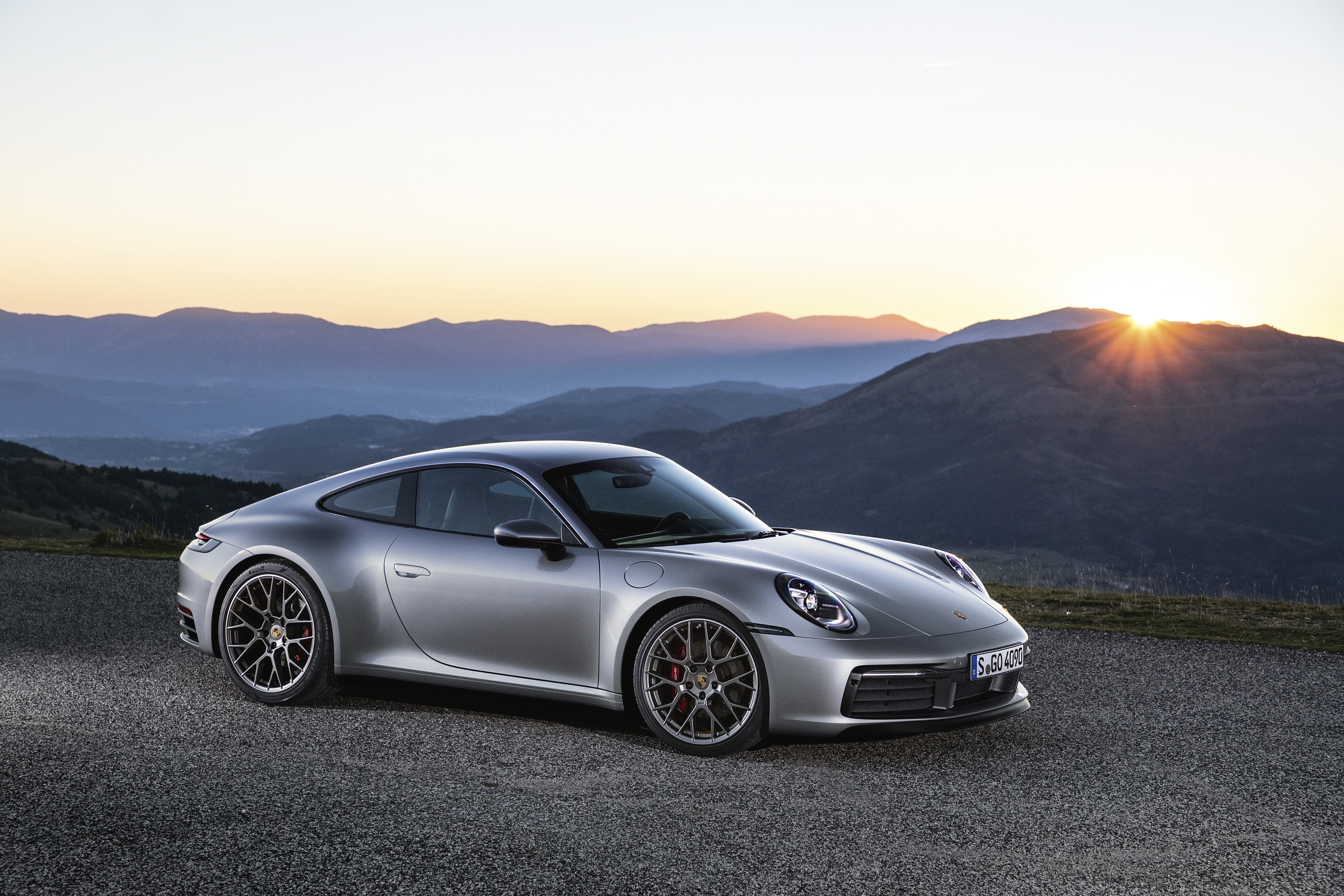 front angle view, numbers, Porsche 911, landscape, Porsche, vehicle, sports car, car, 4K, sunlight, silver cars, HD Wallpaper