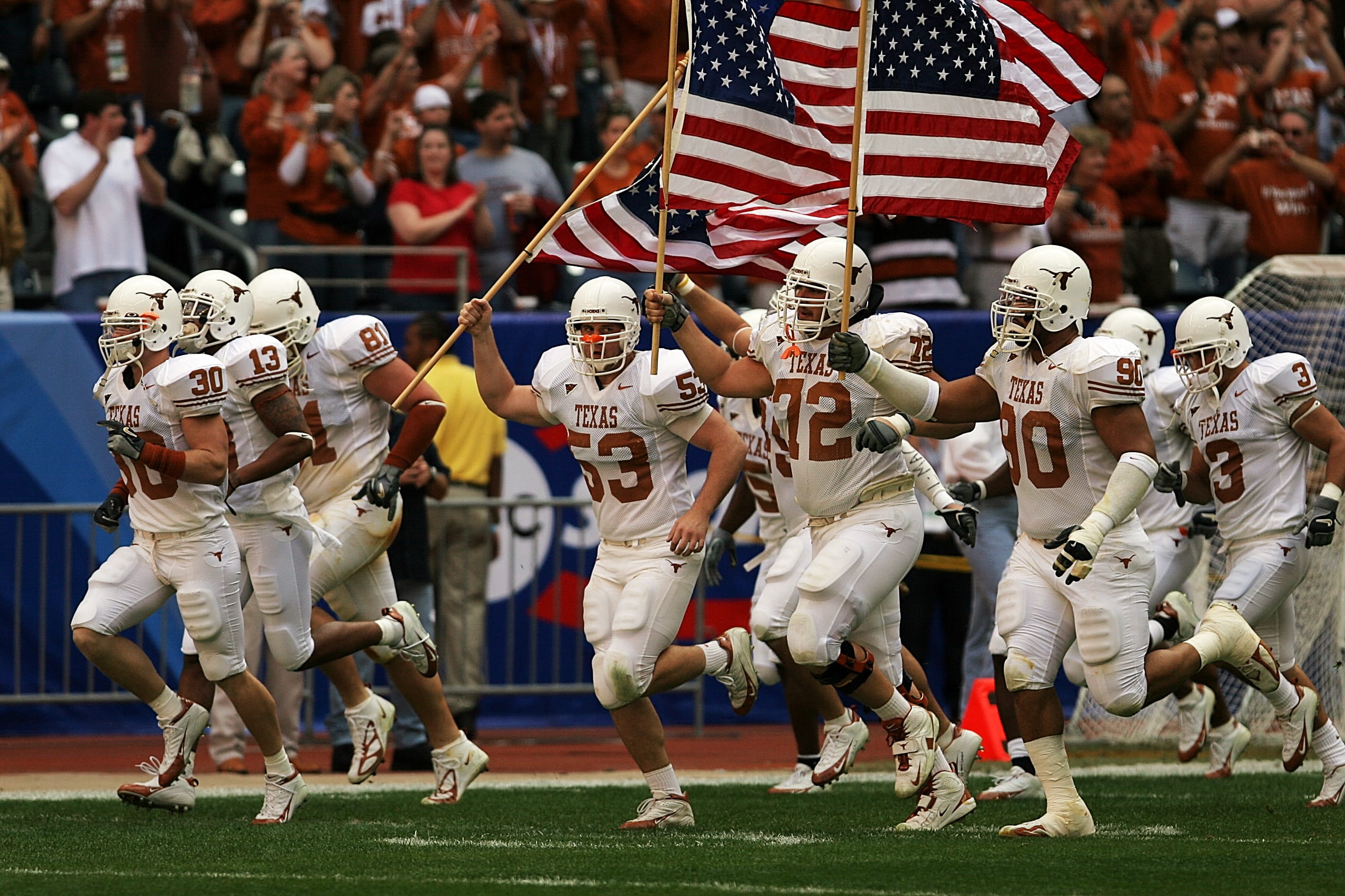 college, athlete, american football field, texas, players, texan, day, teenager, excitement, flag, american football player, player, 1080P, group of people, HD Wallpaper