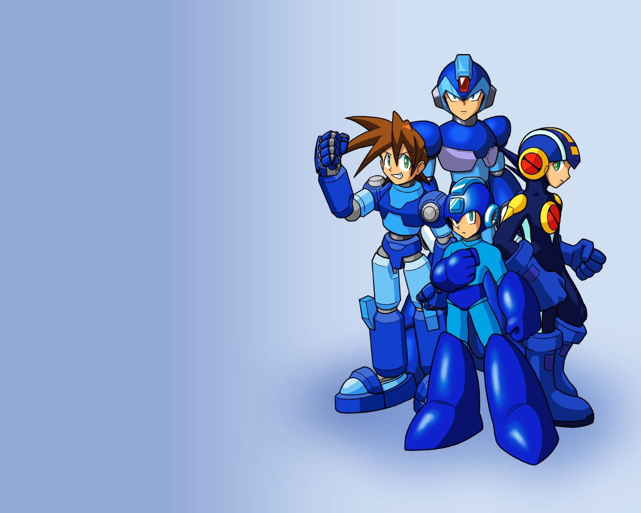 isolated, superhero, science, people, fantasy, blue background, blue, nature, musical equipment, cartoon, imagination, megaman, robots, vibrant color, art, HD Wallpaper