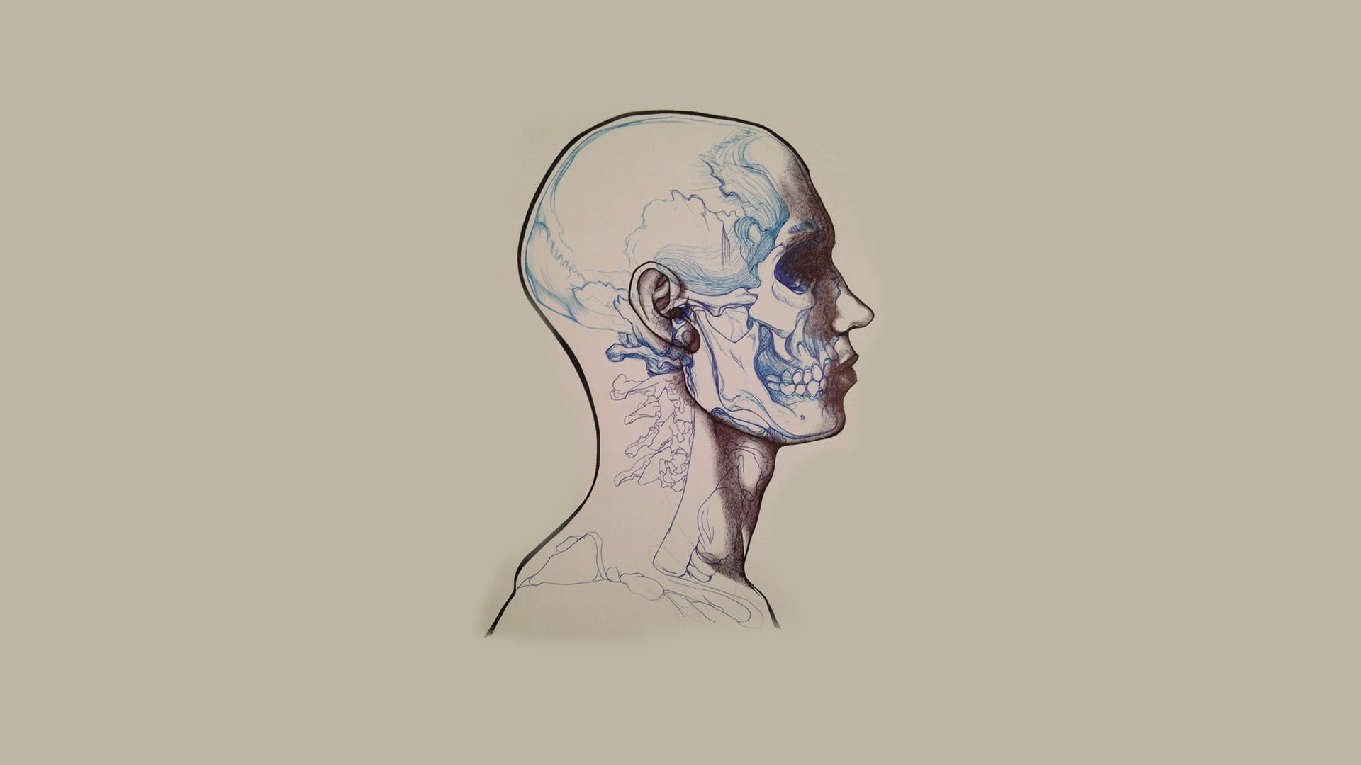 complexity, futuristic, 1080P, painting, indoors, portrait, side view, body part, digital composite, copy space, human head, skull, multiple exposure, HD Wallpaper