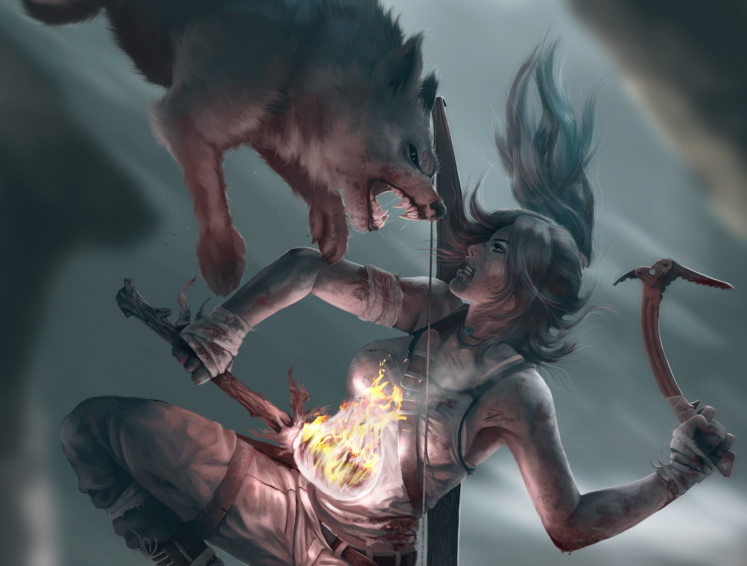 battles, lara, jump, wolves, games, 2K, girls, raider, roar, tomb, croft, HD Wallpaper