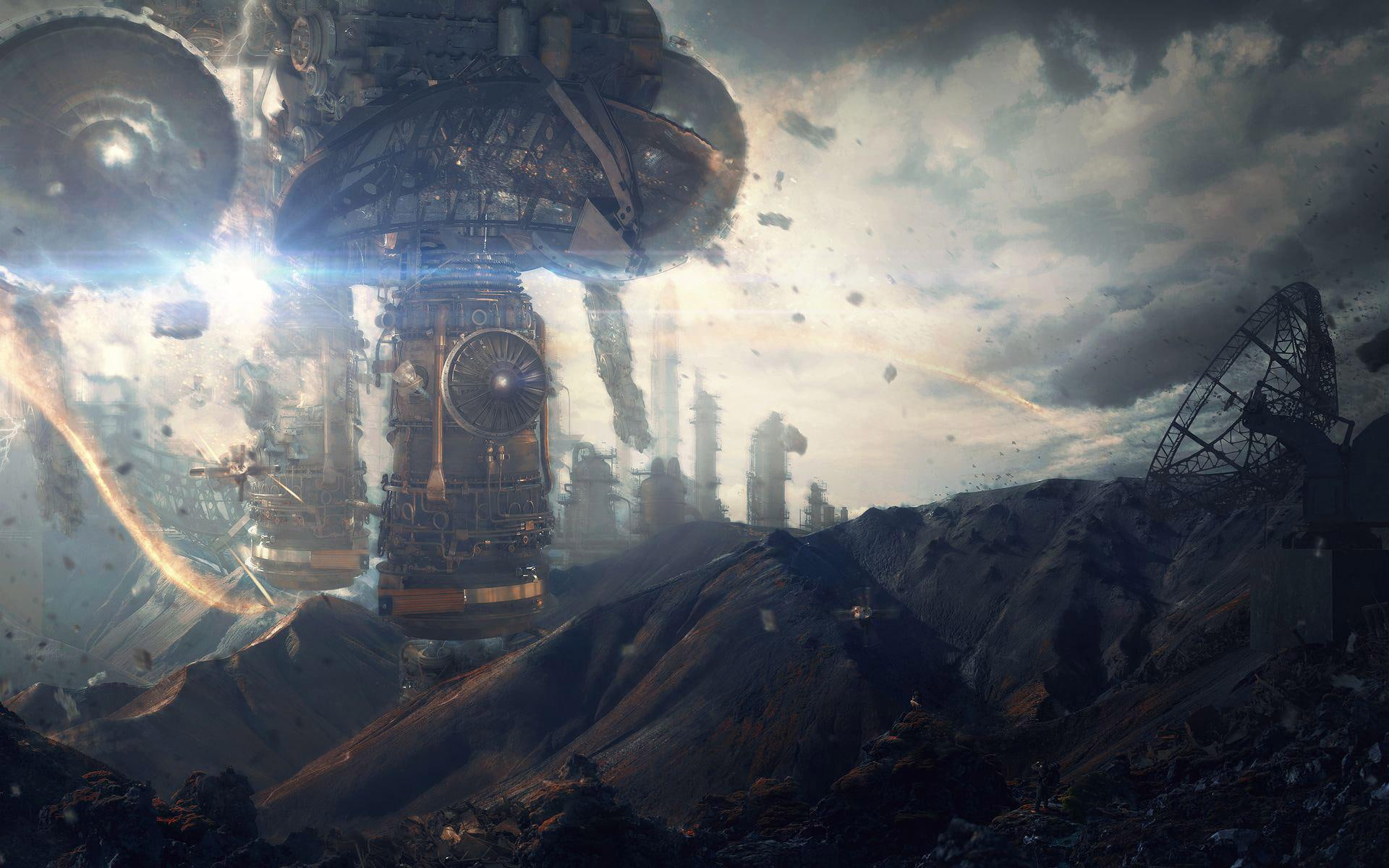 aircraft, brown, white, futuristic, 1920x1200, gray, architecture, illustraiton, 1080P, steampunk, fantasy, future, HD Wallpaper