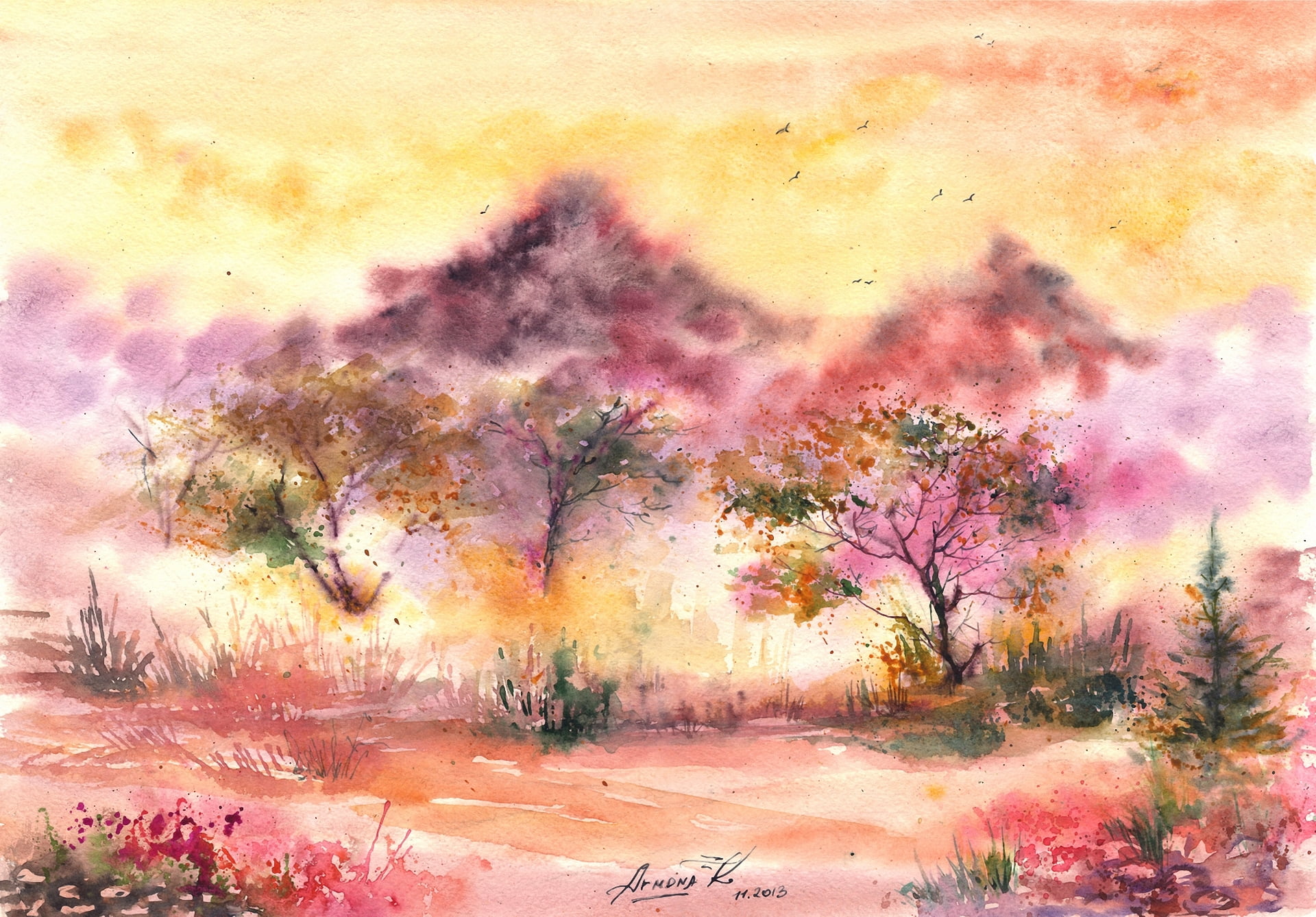 foliage, multi Colored, illustration, dramatic sky, trees, art, watercolor Paints, auto post production filter, painted landscape, painted Image, purple, HD Wallpaper