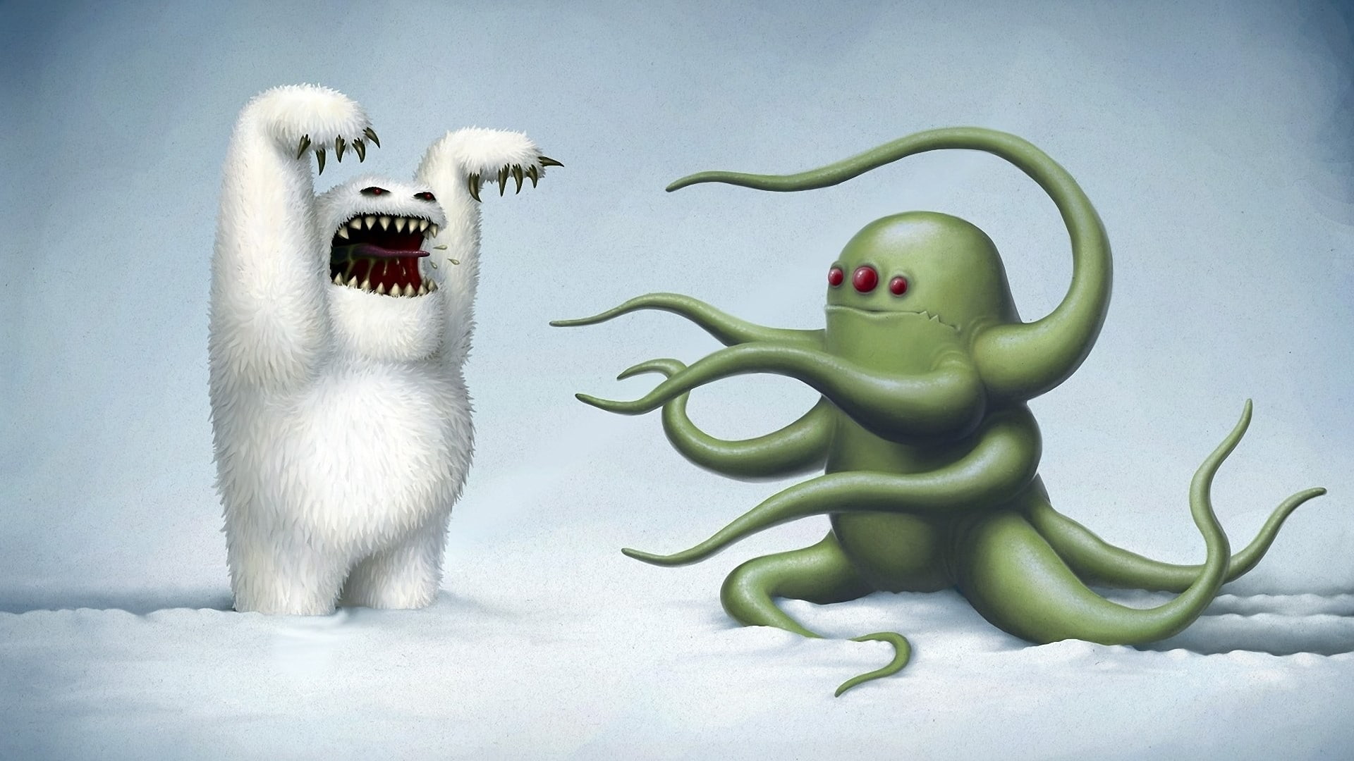 1080P, digital art, polar bears, roar, fantasy art, snow, creature, tentacles, fangs, HD Wallpaper