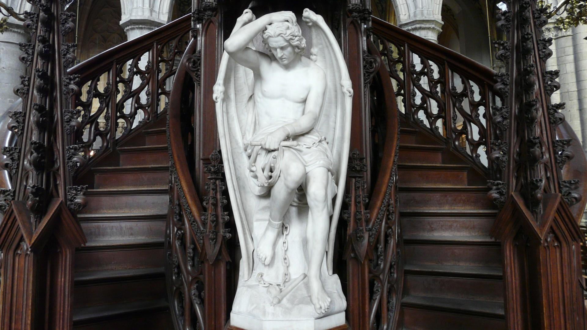 angel, female likeness, male likeness, indoors, fallen angel, carving - craft product, human representation, railing, art and craft, fine art statue, sculpture, HD Wallpaper