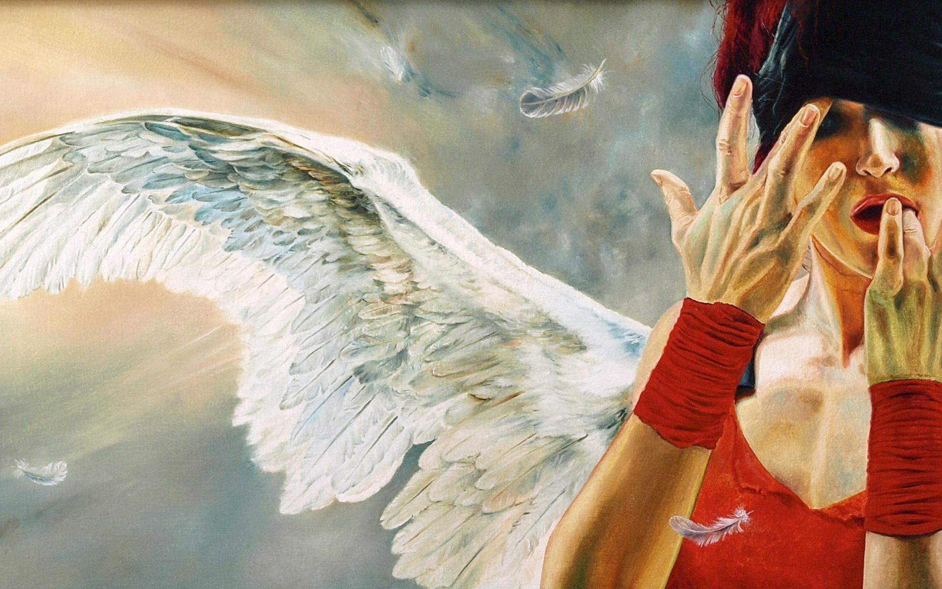 wings, art, Gothic, face, hands, angels, artistic, feathers, Kuklinski, paintings, emotion, Sad, fantasy, Expression, 1080P, Girls, Dark, mood, wlodzimierz, HD Wallpaper